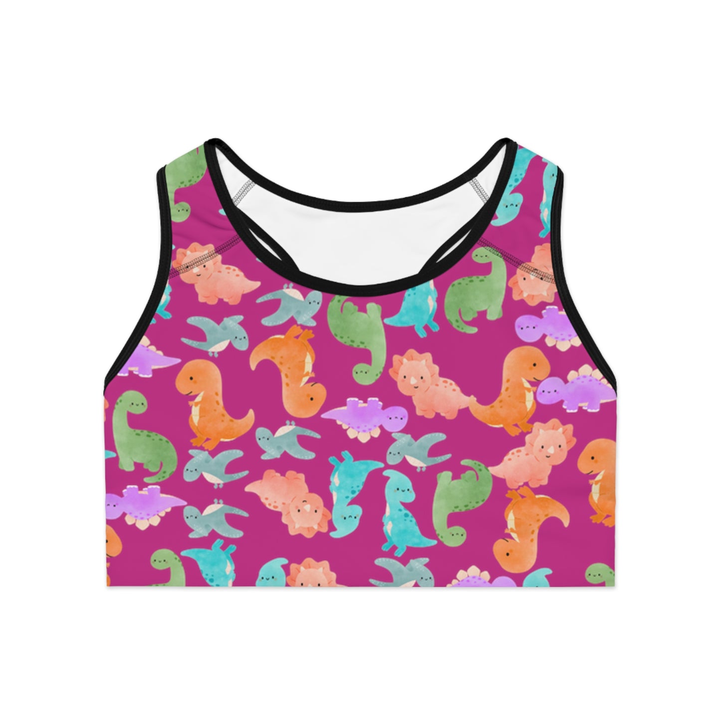 Colorful Dinosaur Print Sports Bra Cute Activewear Gym Top Fitness Wear Gifts for Her Workout Clothing Rainbow Dinos Pink