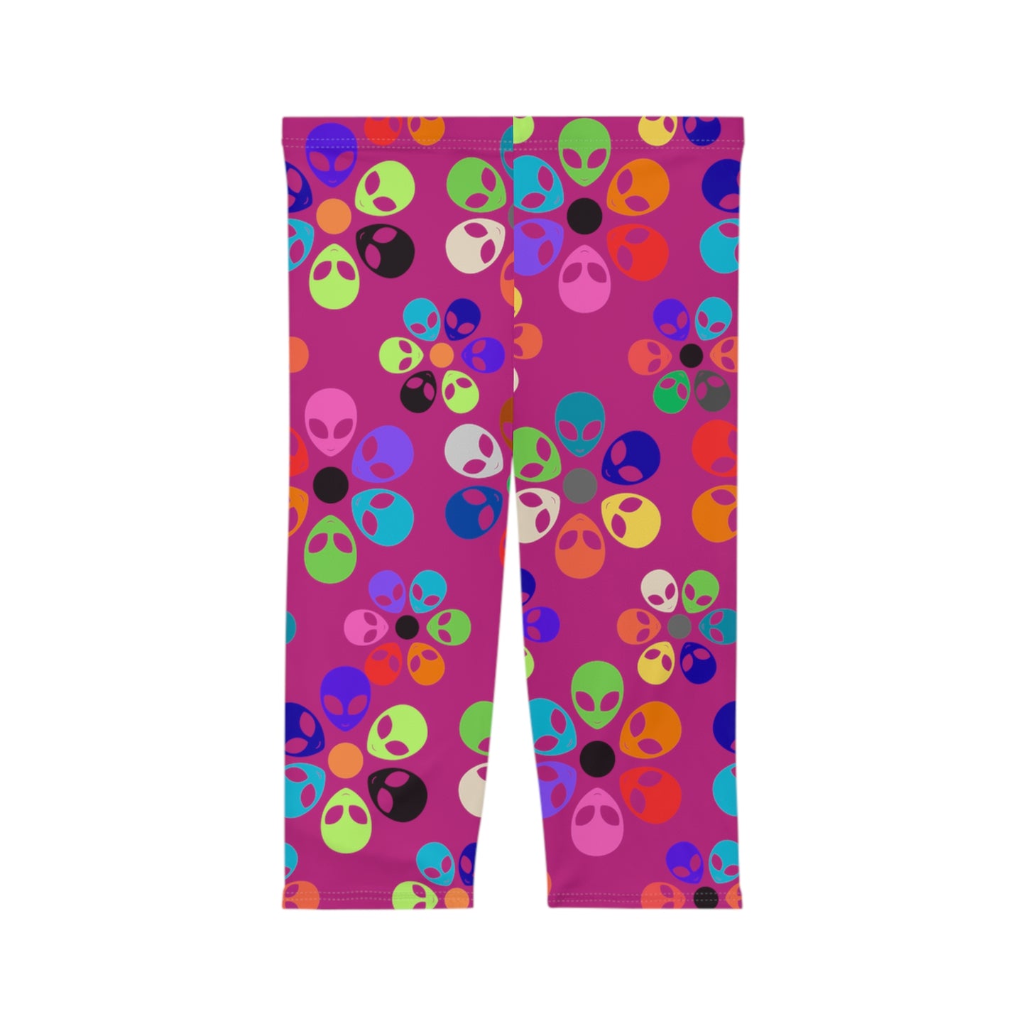 Vibrant Alien Print Capri Leggings for Women Fun Workout Pants Festival Wear Casual Summer Stylish Leggings Unique Gift Idea Alien Rainbow Flowers Pink