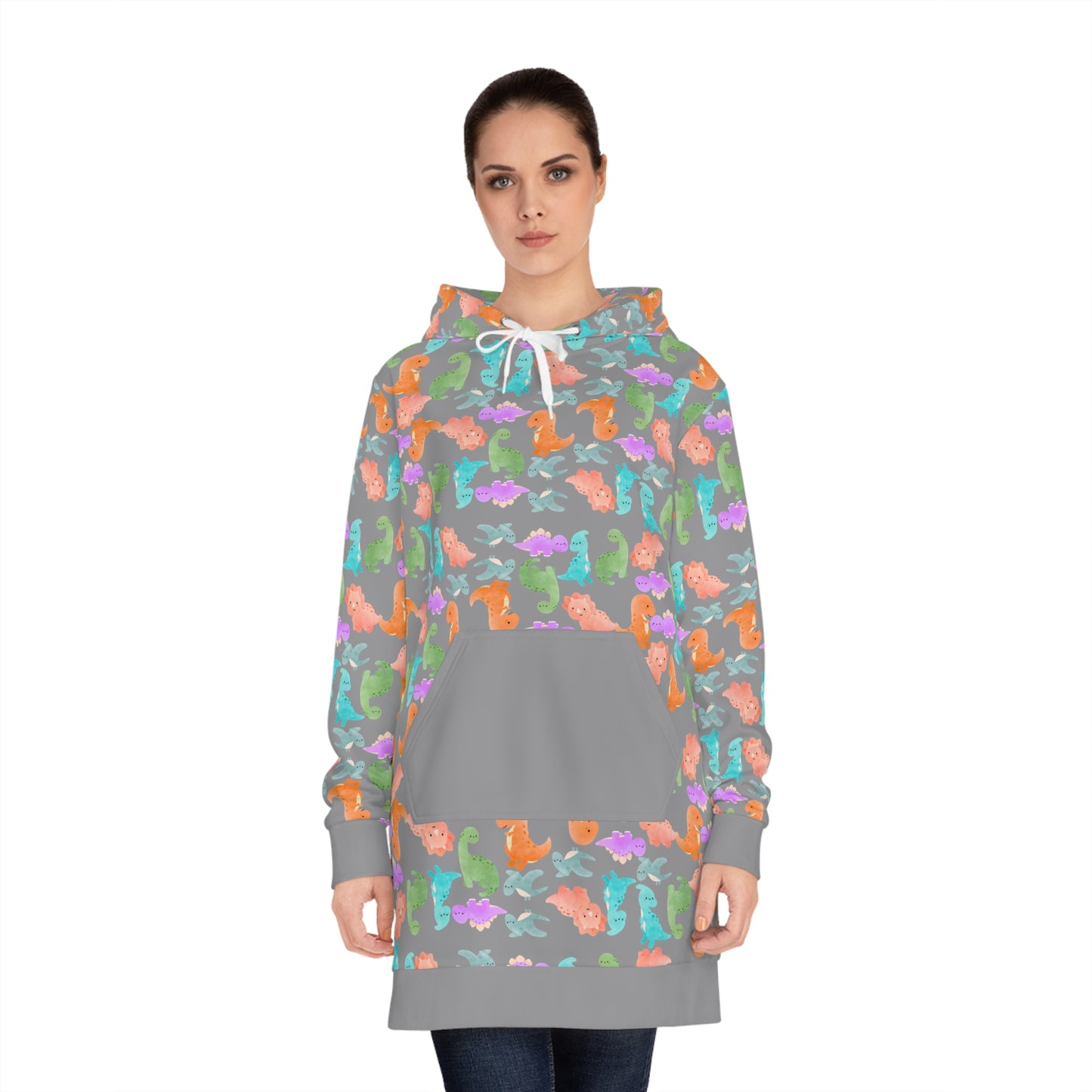 Womens Hoodie Dress Rainbow Dinos Grey