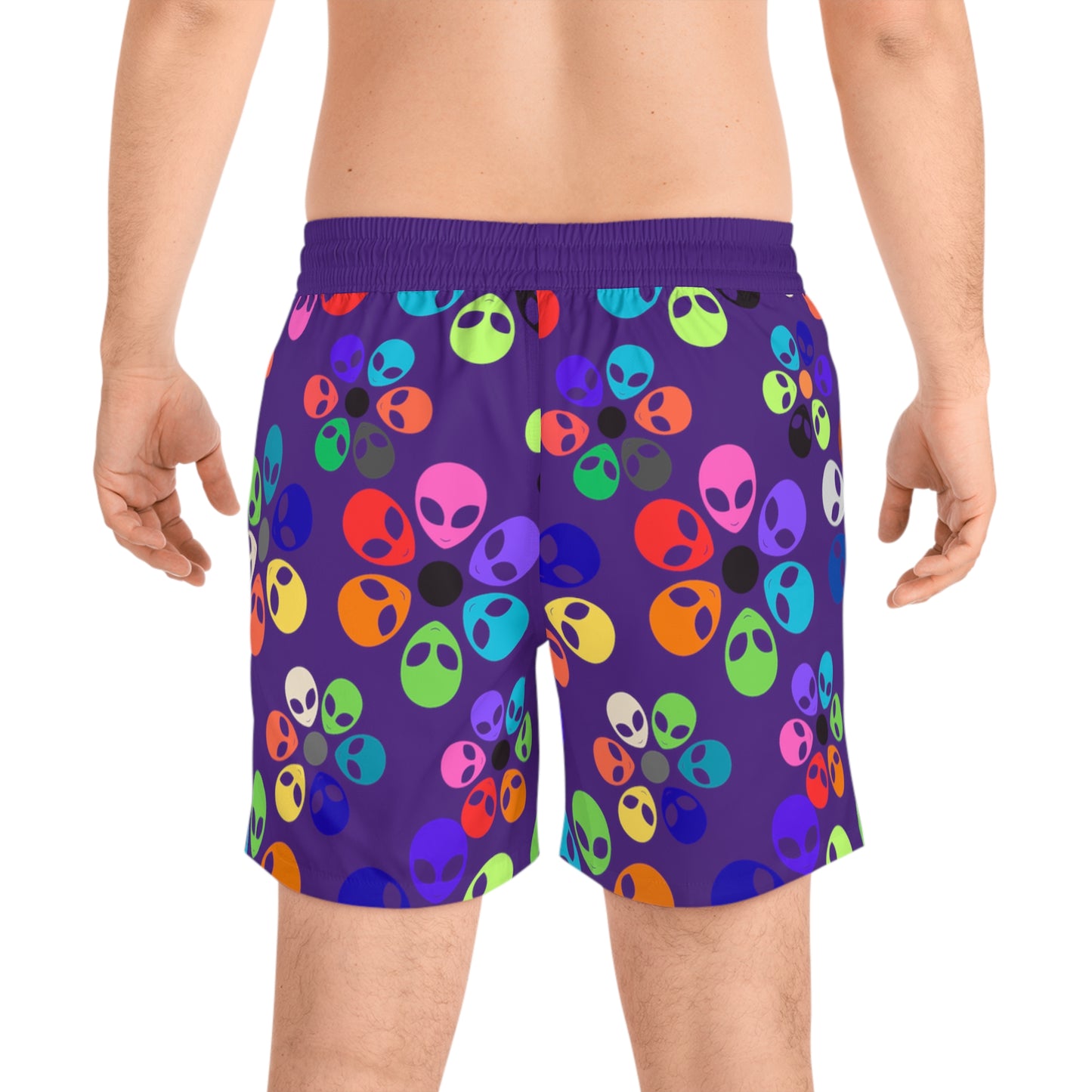 Colorful Alien Print Swim Shorts for Fun Summer Vibes Beachwear Pool Party Attire Vacation Essentials Mens Swimwear Alien Rainbow Flowers Purple
