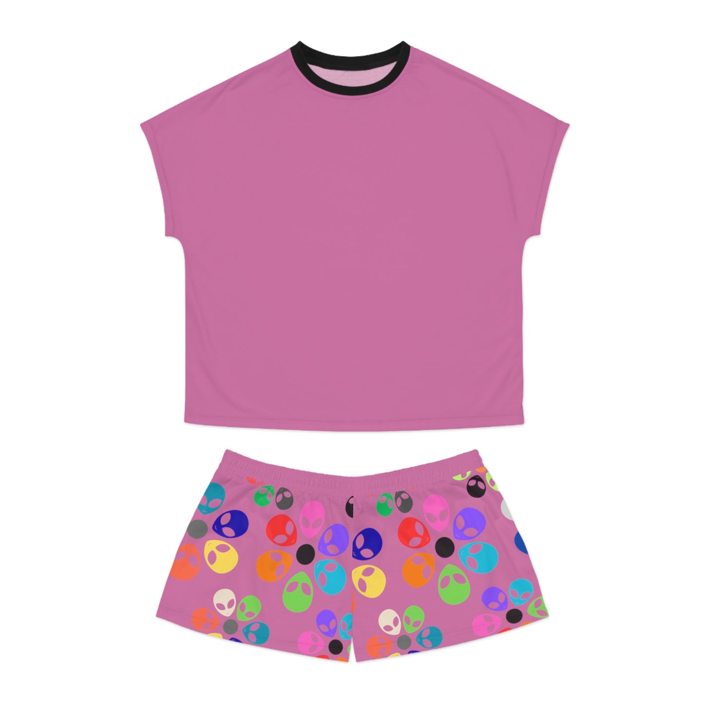 Colorful Alien Print Womens Pajama Set Fun Sleepwear for Teens Relaxing Nightwear Unique Gift for Space Lovers Cute Loungewear Alien Rainbow Flowers Light Pink