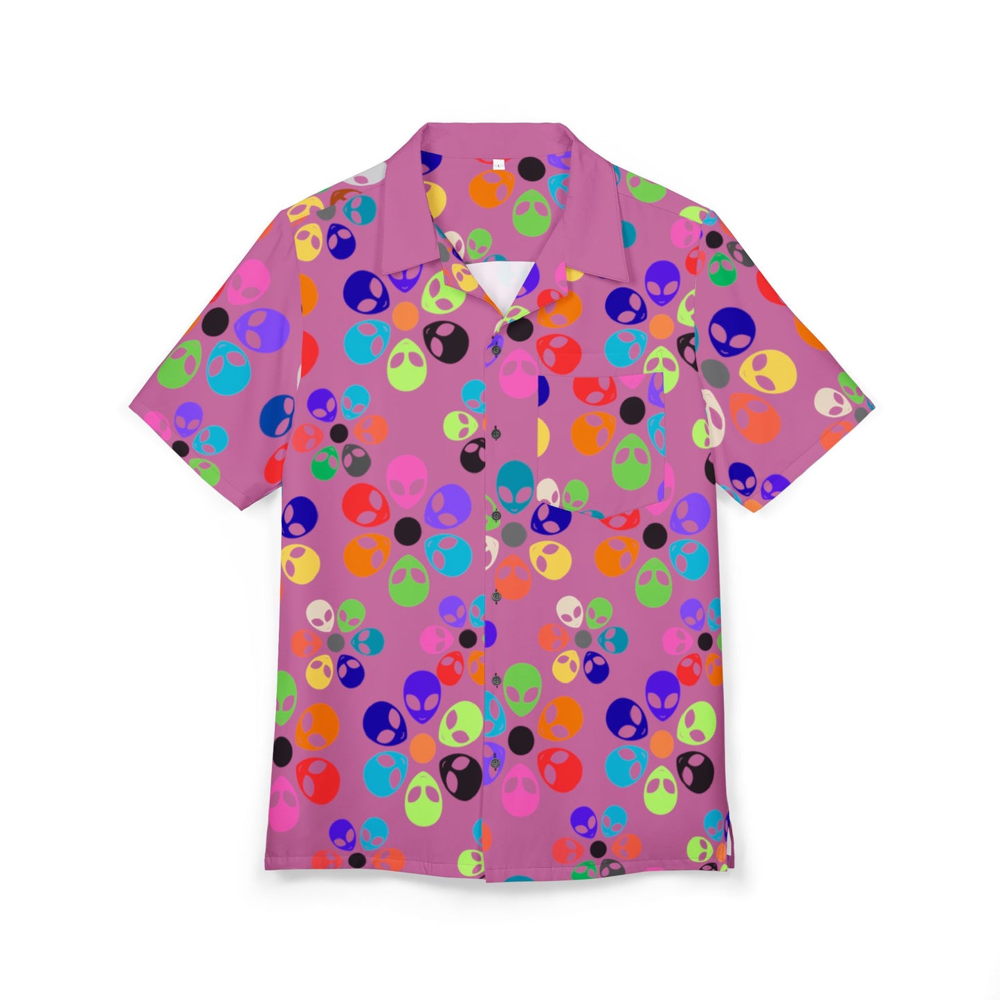 Vibrant Alien Print Hawaiian Shirt Unisex Summer ButtonUp Beachwear Vacation Outfit Festival Apparel Colorful Party Shirt Alien Rainbow Flowers Light Pink