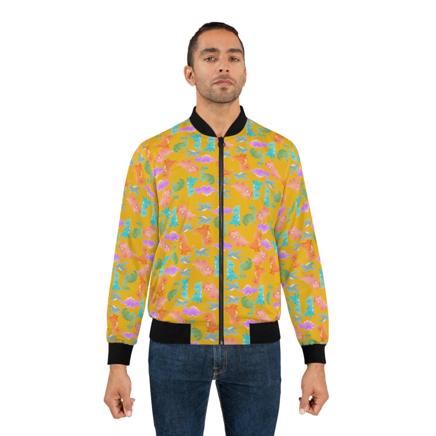 Colorful Dinosaur Mens Bomber Jacket Trendy Outerwear for Casual Outings Unique Gift for Dinosaur Lovers Festival Style Rainbow Dinos Yellow