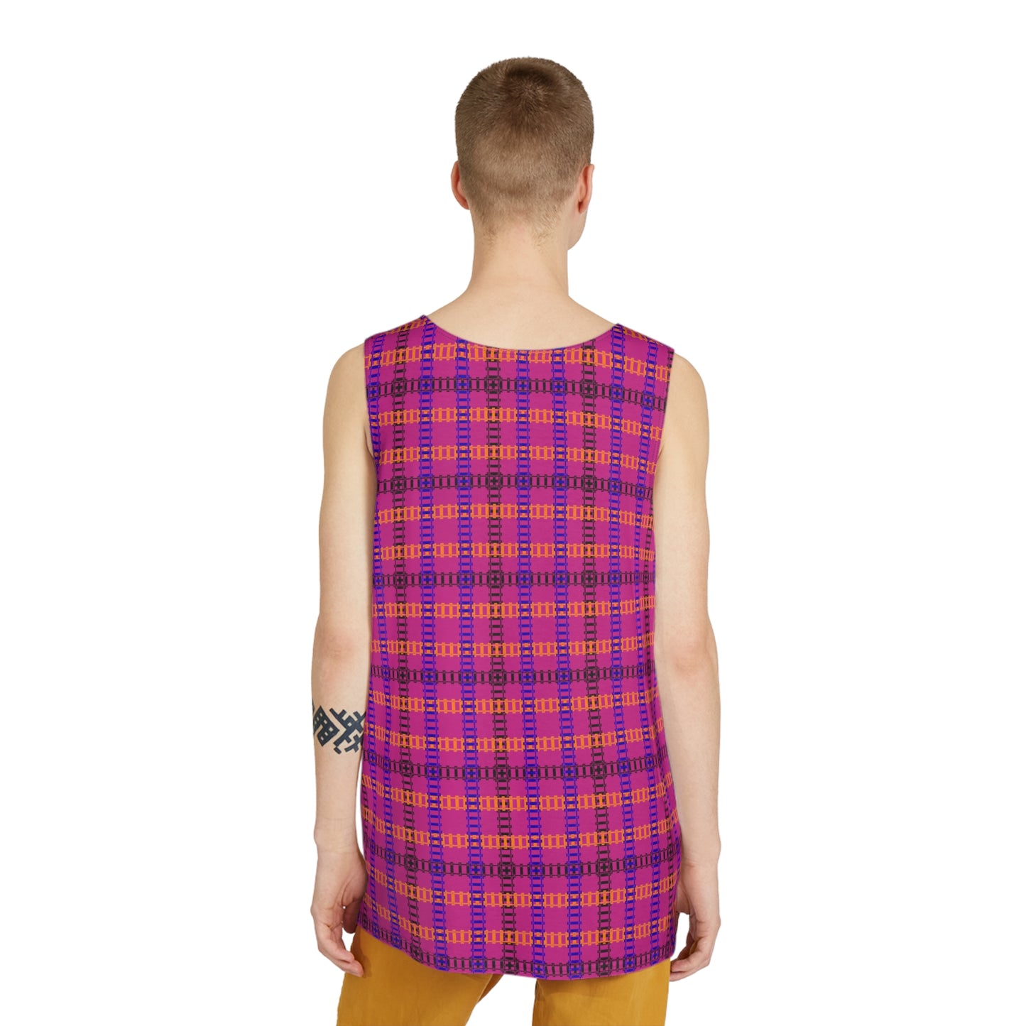 Plaid Mens Tank Top Casual Summer Wear Beach Attire Festival Outfit Comfortable Layering Piece Train Tracks Pink