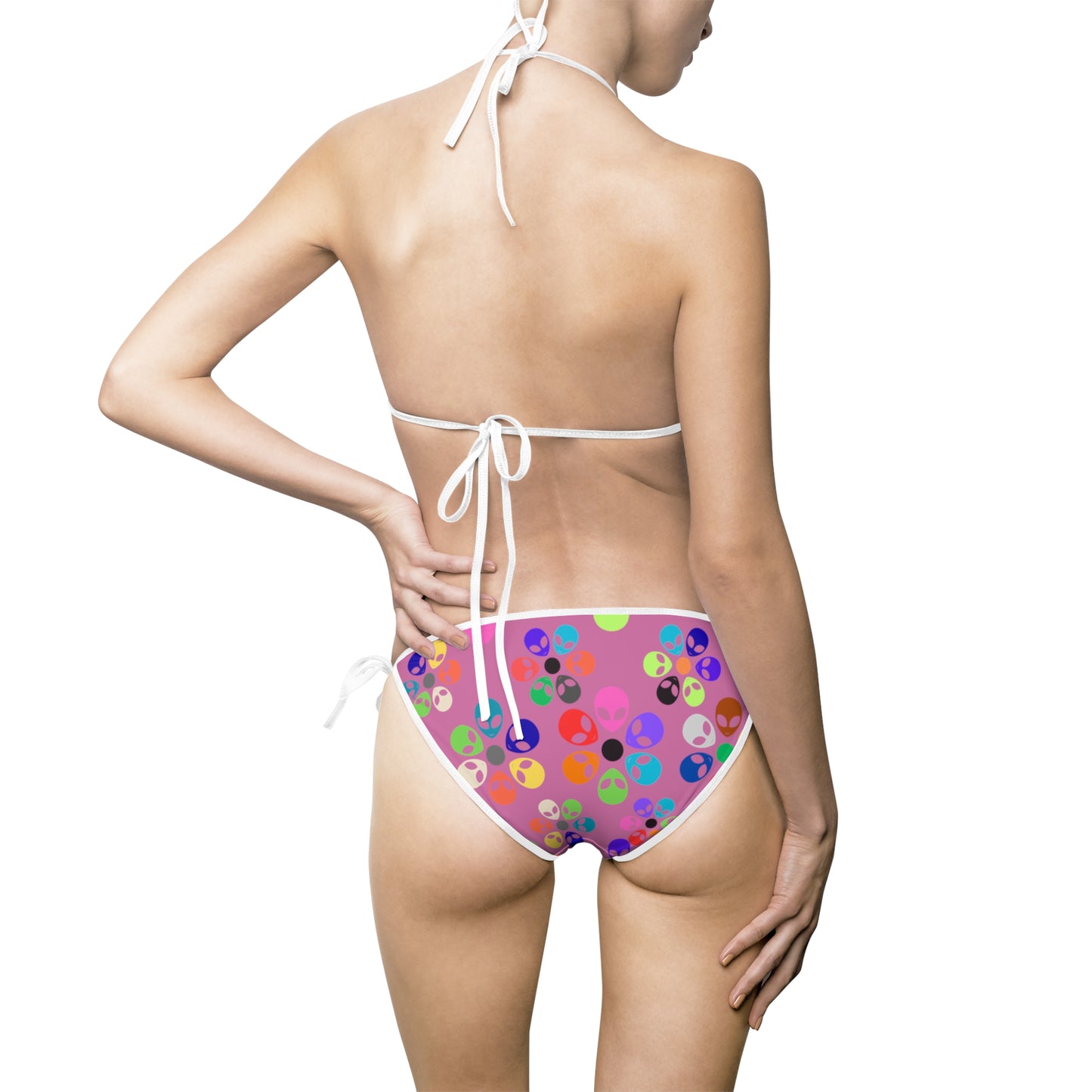 Vibrant Womens Bikini Swimsuit Fun Swimwear for Pool Parties Beach Days Summer Vacations Colorful TwoPiece Swimwear Swim Fashion Alien Rainbow Flowers Light Pink