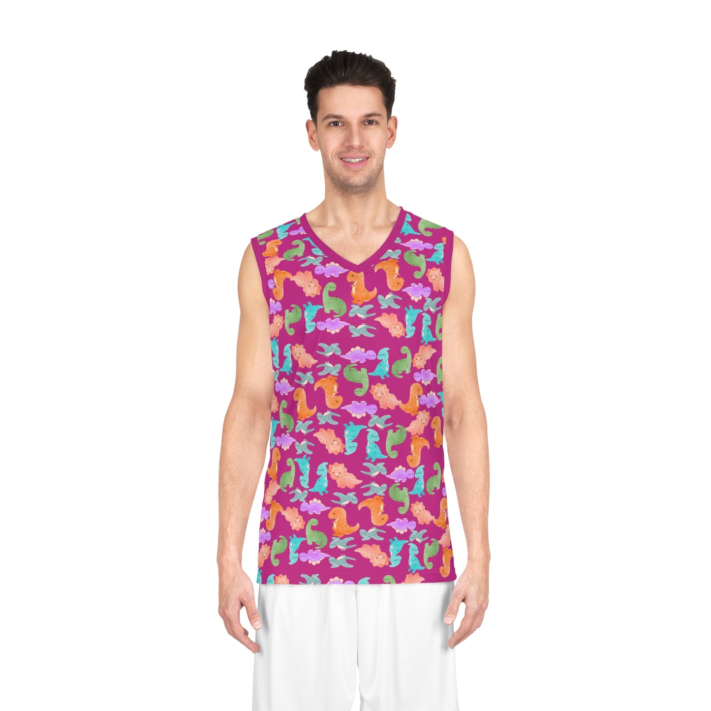 DinoInspired Basketball Jersey Vibrant Sport Tank Fun Summer Apparel Beach Style Gear Youth and Adult Sizes Unique Gift for Players Rainbow Dinos Pink