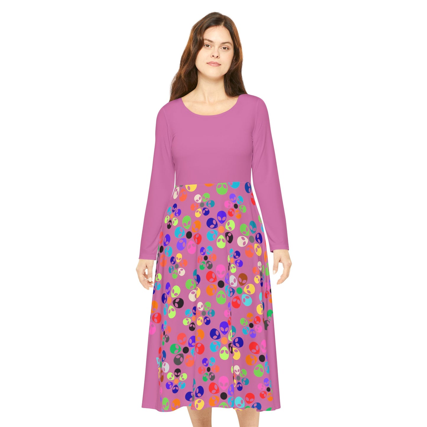 Vibrant Womens Long Sleeve Dance Dress Colorful Floral Style Perfect for Dance Parties Celebrations BohoChic Fashion Alien Rainbow Flowers Light Pink