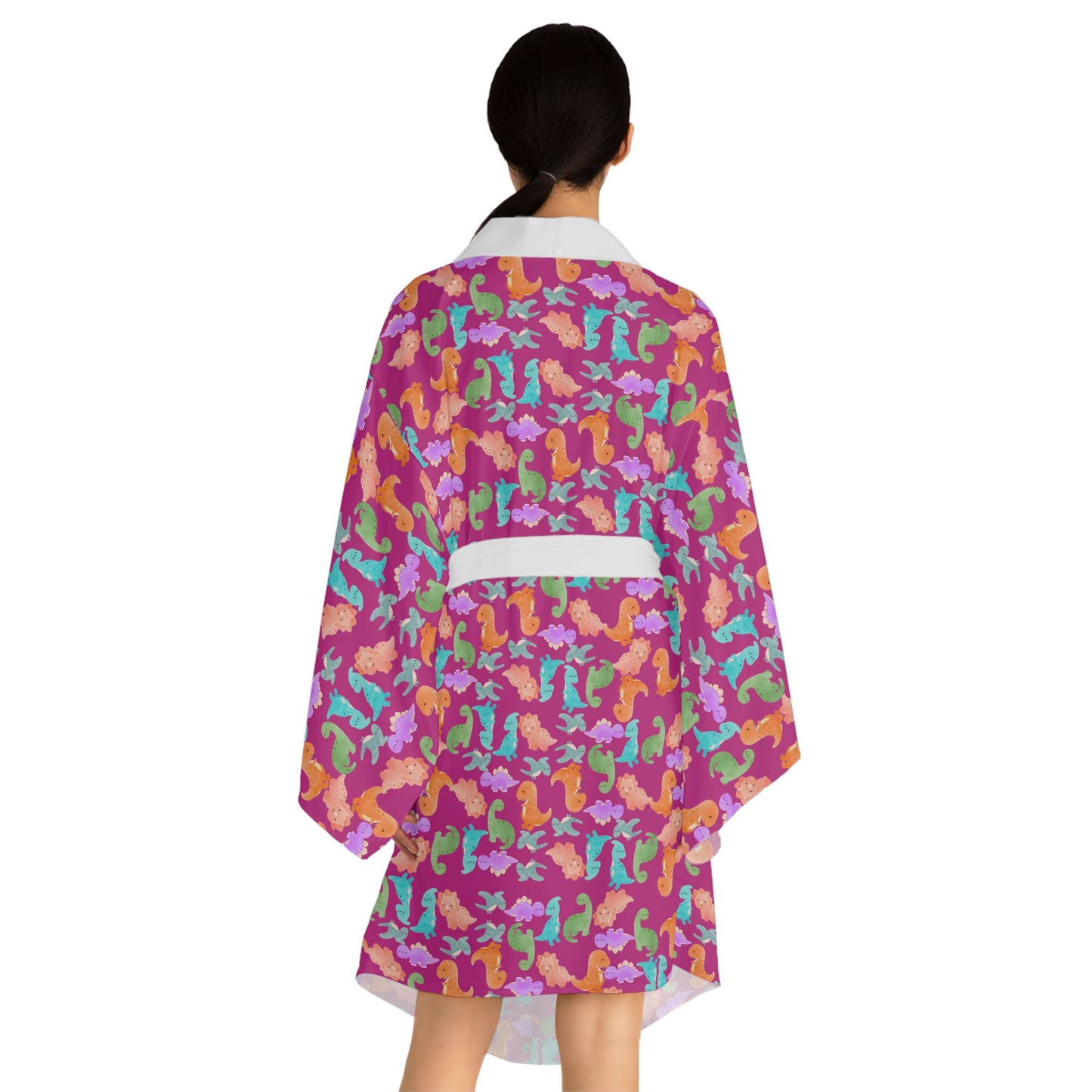Vibrant Dino Print Long Sleeve Kimono Robe for Relaxation Loungewear Gift Summer Nights Cozy Style Rainbow Dinos Pink