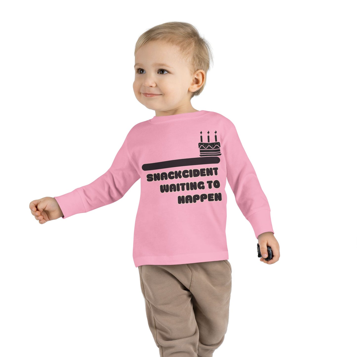 Snackcident Waiting to Happen Toddler Long Sleeve Tee | Cute Kids Shirt | Fun Gift for Birthdays, Playdates, Parties, Food Lovers