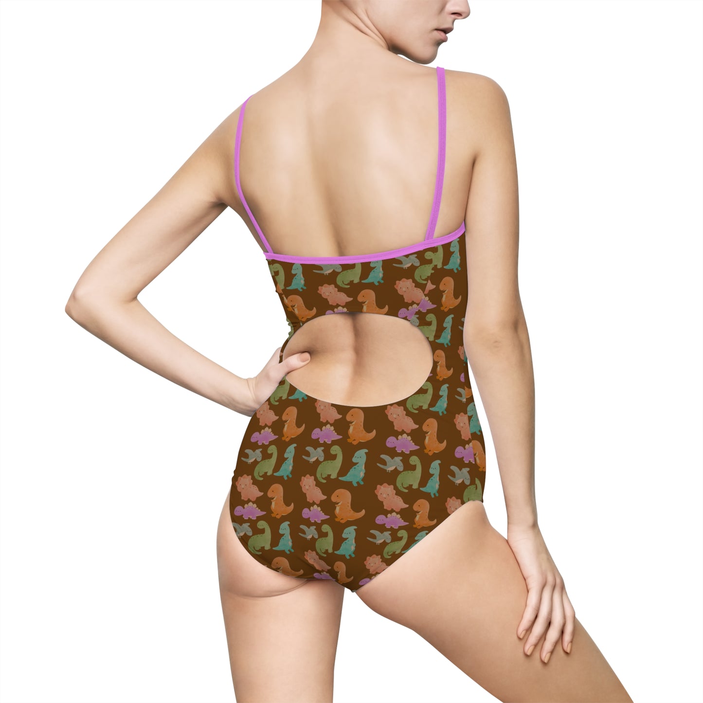 Colorful Dino Pattern One-Piece Swimsuit, Summer Swimwear, Beachwear, Aquatic Adventures, Girls' Swim Fashion - Brown