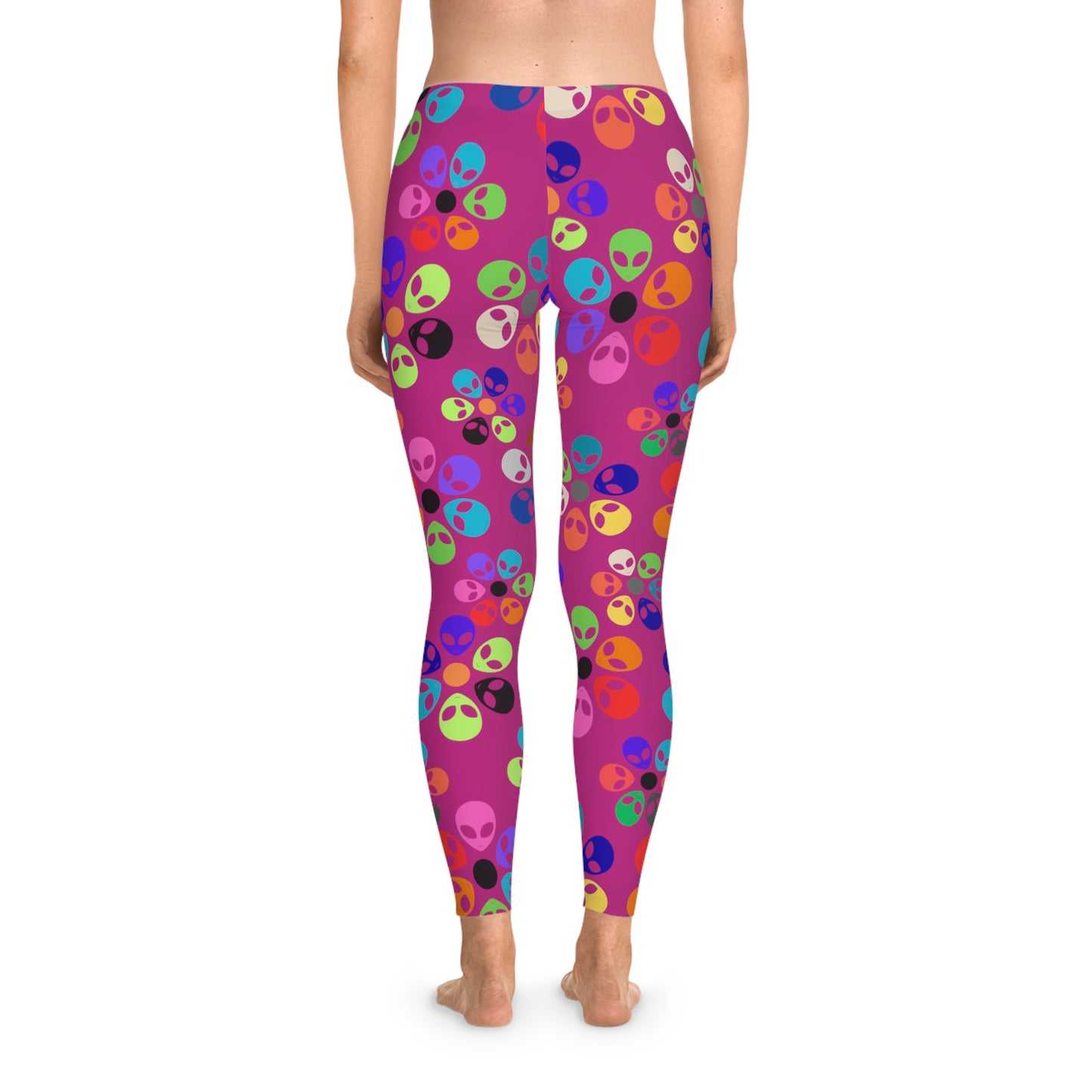 Colorful Alien Print Leggings Funky Fitness Tights Stretchy Activewear Fun Gym Leggings Quirky Casual Pants Gift for Alien Enthusiasts Alien Rainbow Flowers Pink