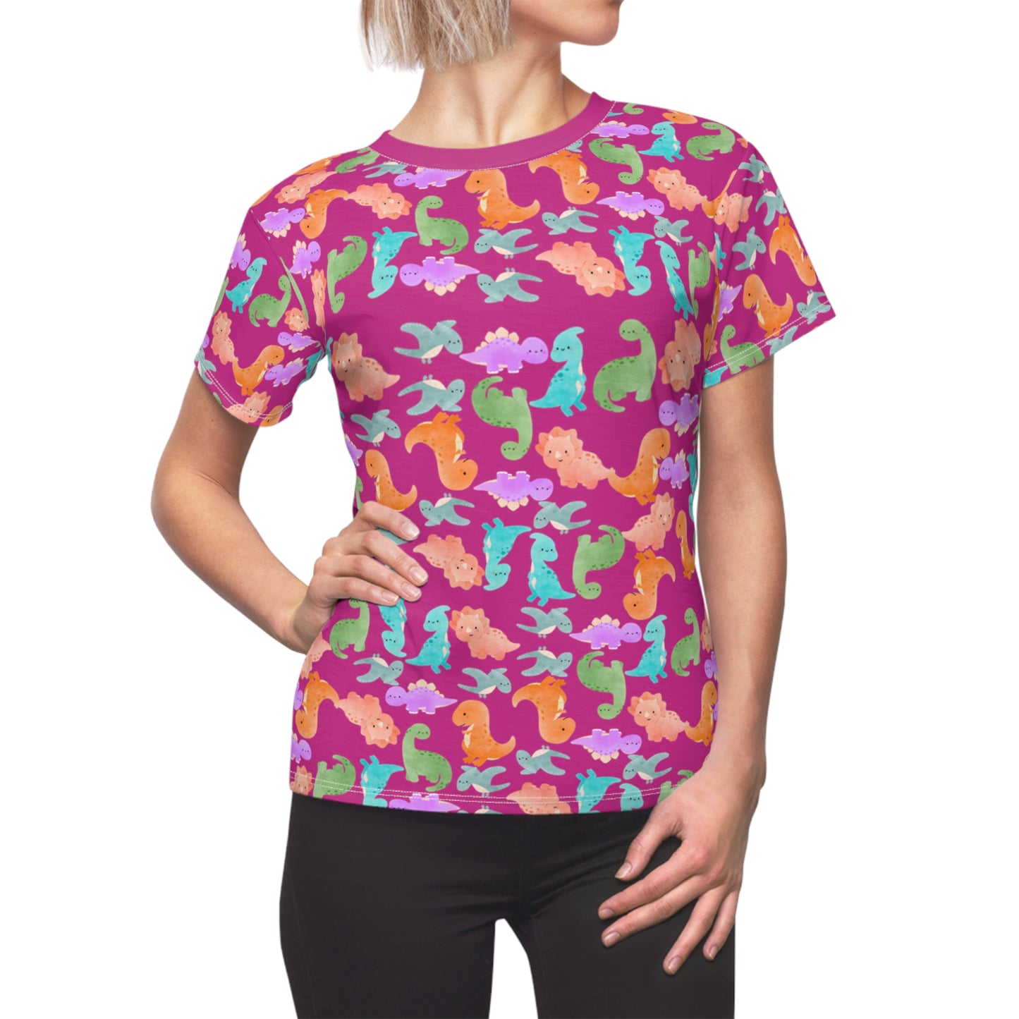 Colorful Dino Womens Tee Cute Summer Top Vibrant Casual Shirt Sea Animal Print Tee Gifts for Ocean Lovers Beachwear Rainbow Dinos Pink