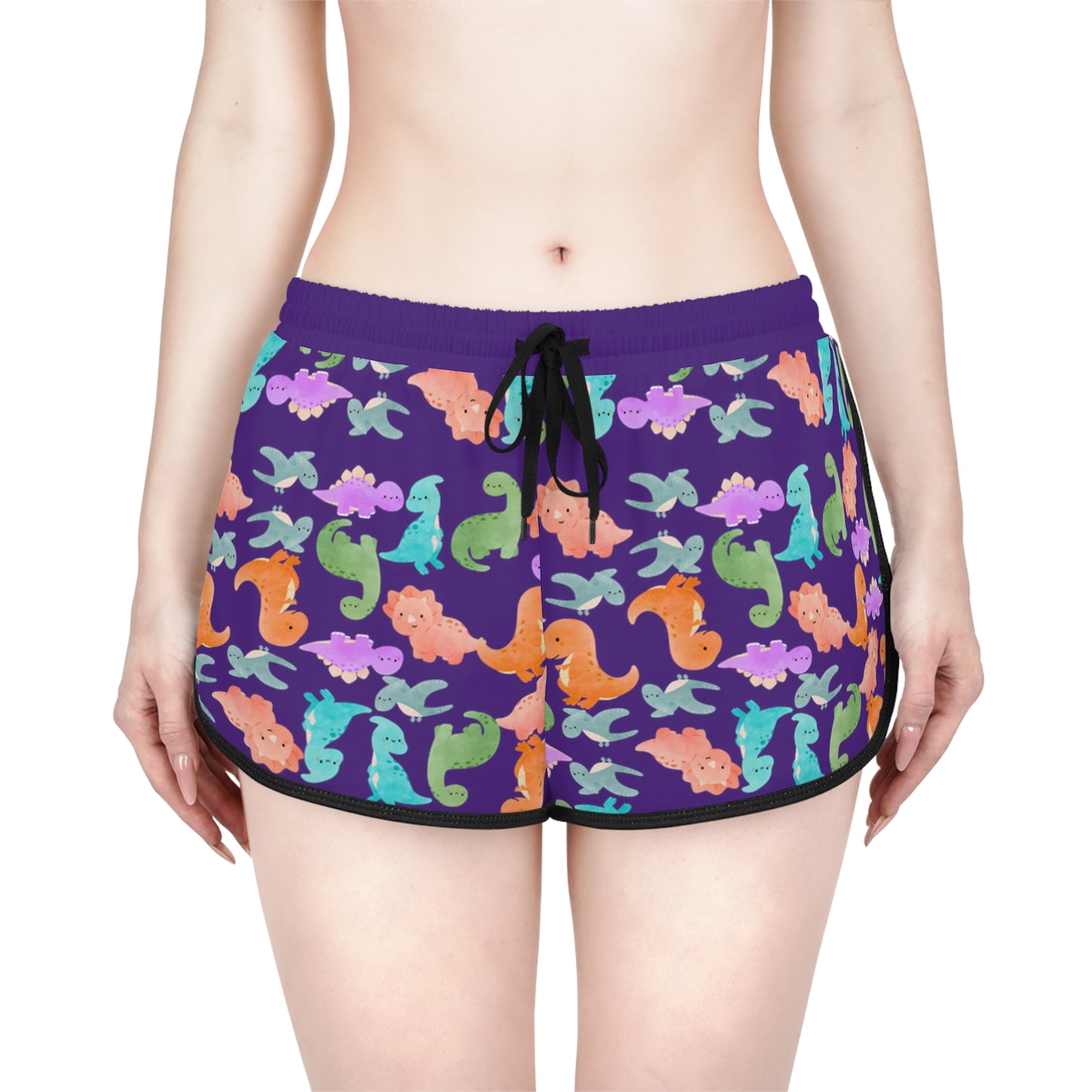 Colorful Dino Print Womens Relaxed Shorts Perfect for Summer Beachwear Loungewear Gift for Her Casual Style Rainbow Dinos Purple