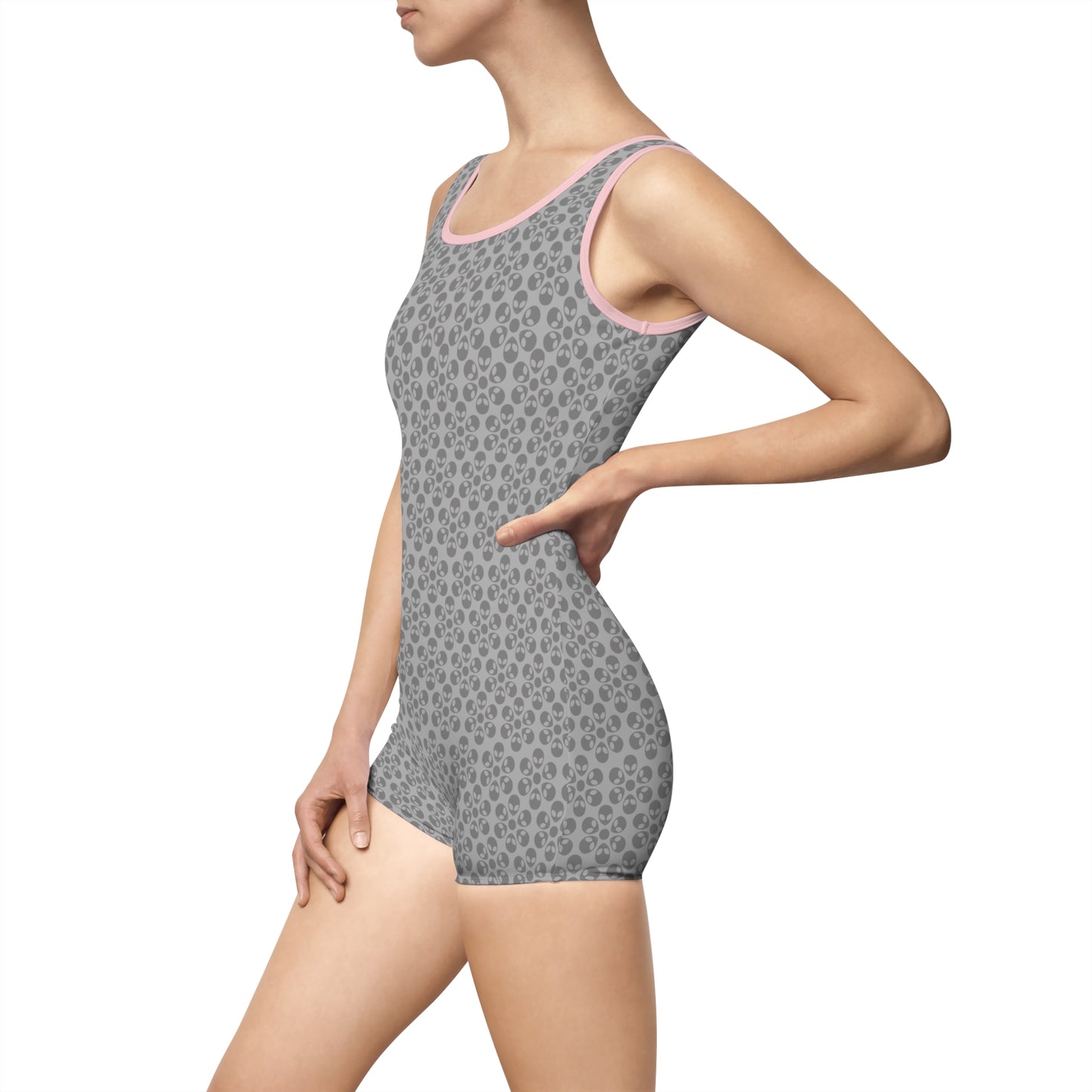 Womens Vintage Swimsuit Alien Flowers Light Grey