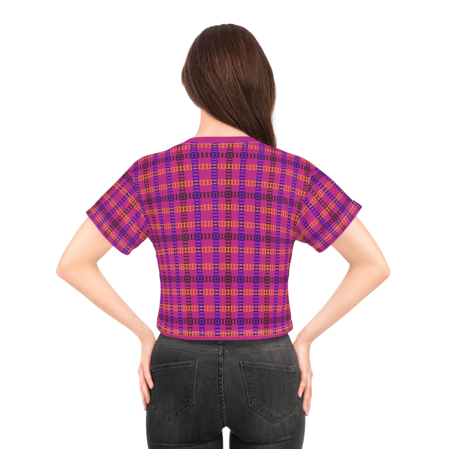 Trendy Patterned Crop Tee Casual Summer Top Gift for Her Festival Wear Stylish Weekend Outfits Train Tracks Pink