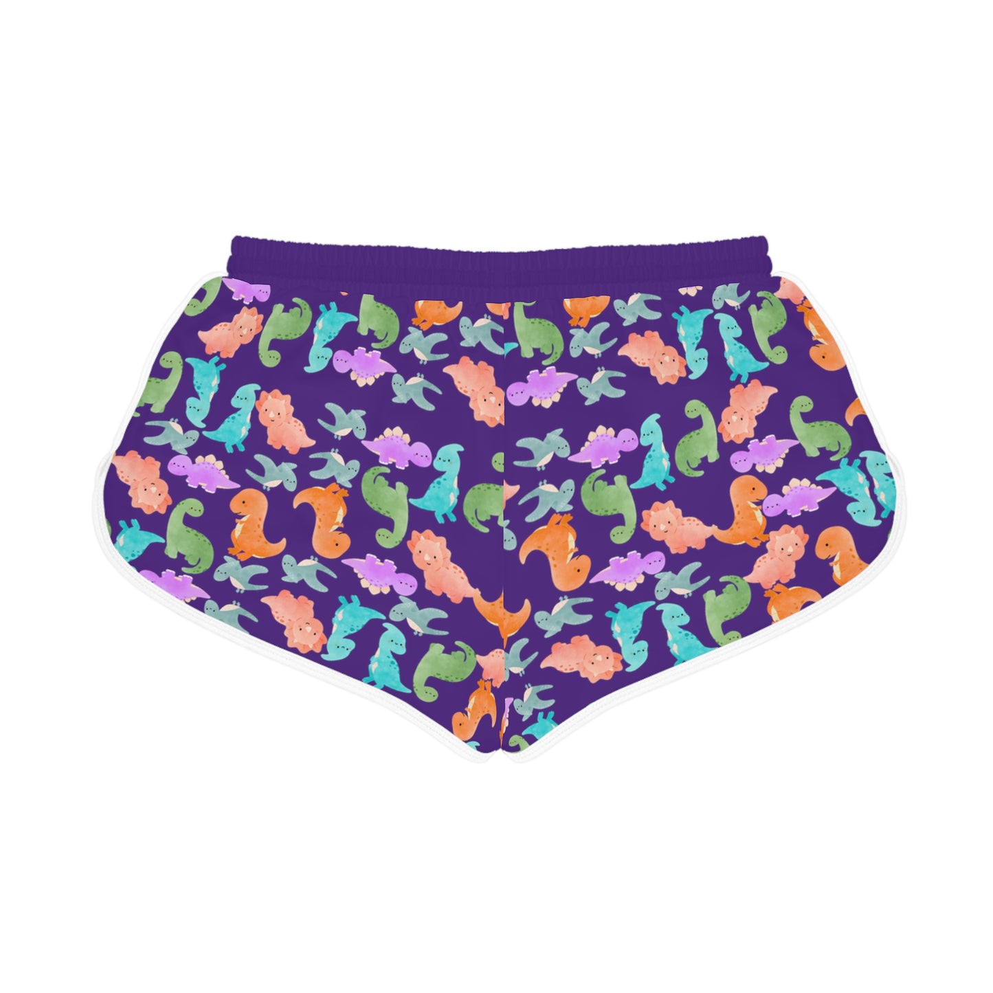 Colorful Dino Print Womens Relaxed Shorts Perfect for Summer Beachwear Loungewear Gift for Her Casual Style Rainbow Dinos Purple