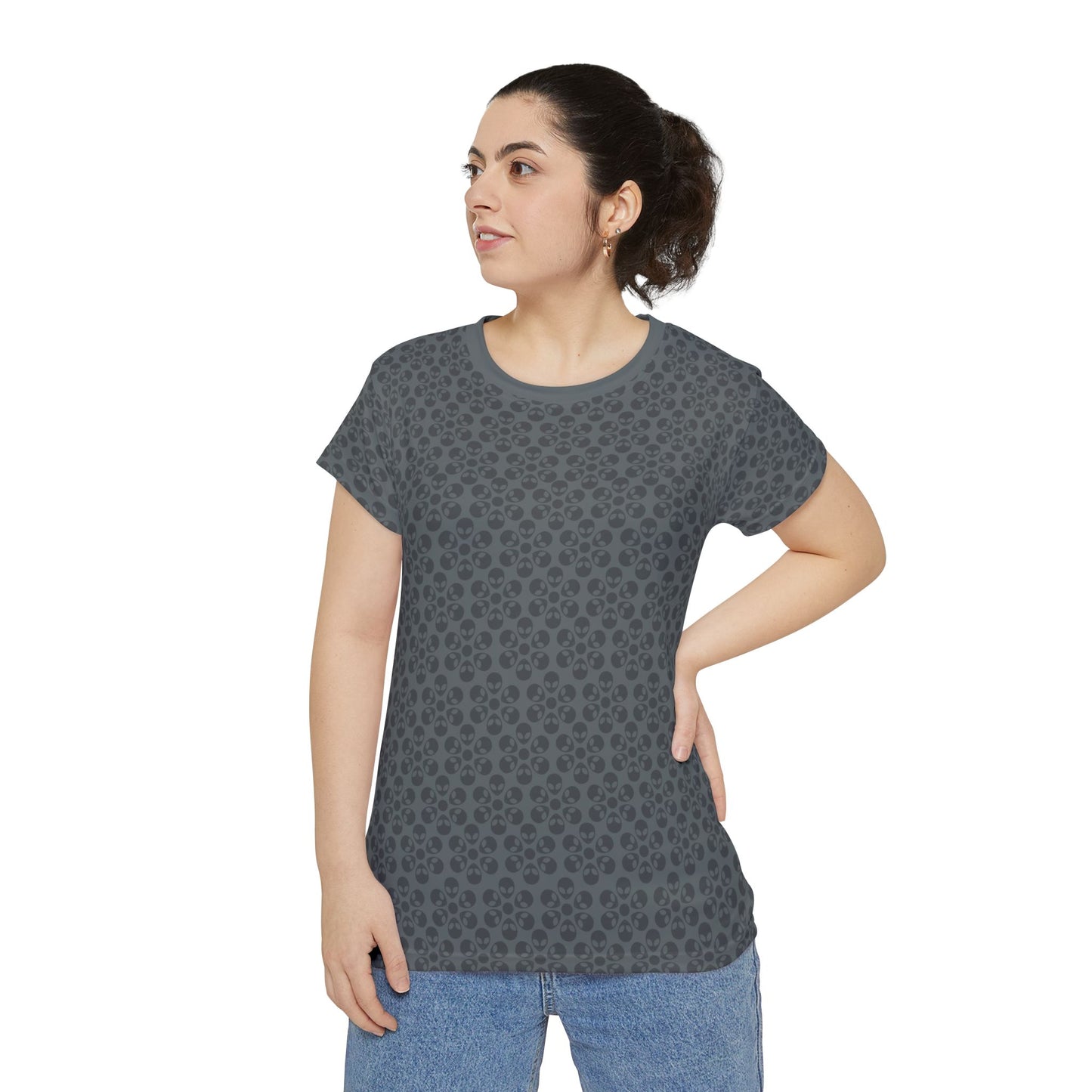 Womens Short Sleeve Shirt Alien Flowers Dark Grey