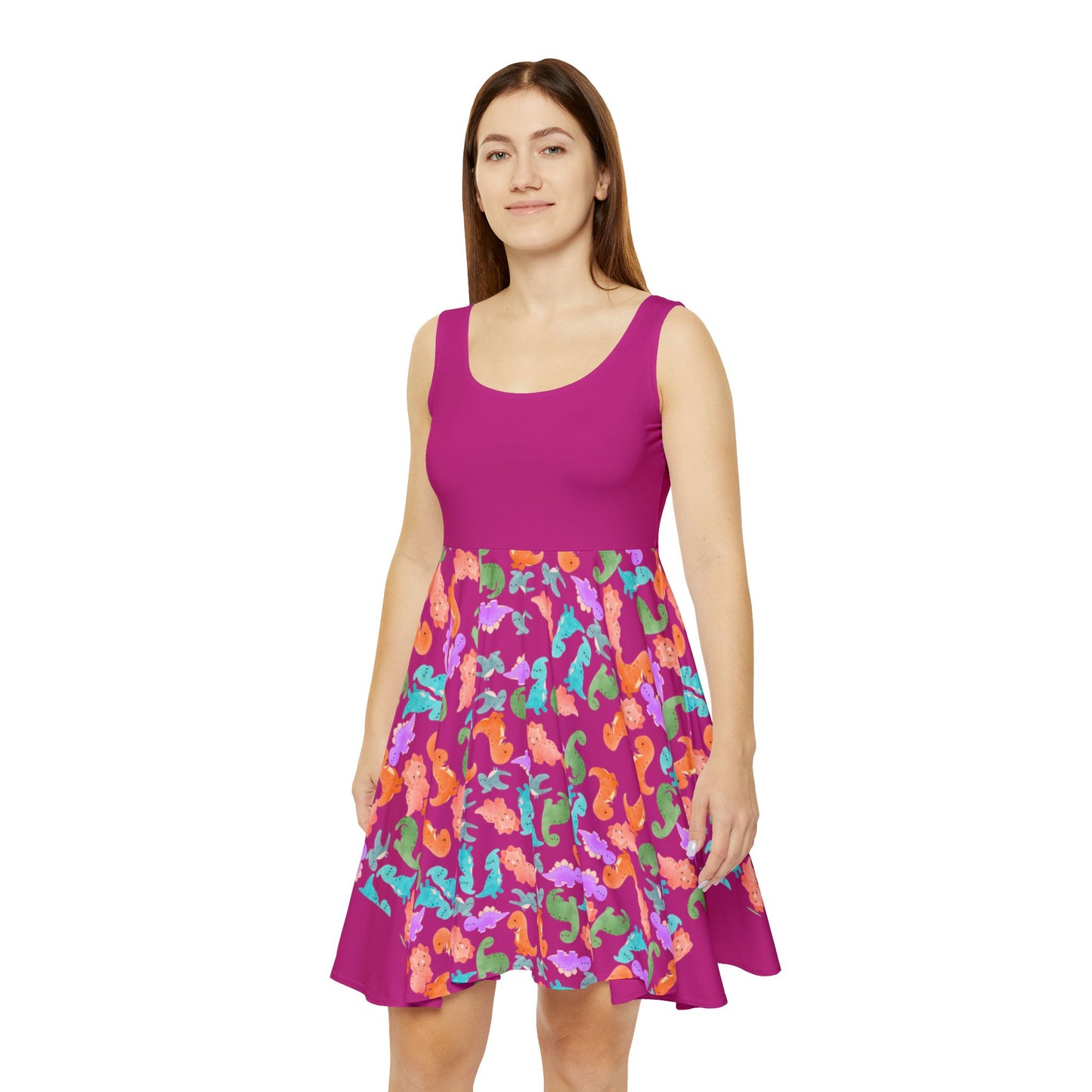 Colorful Dino Womens Skater Dress Summer Outfit Party Dress Casual Dress Boho Dress Festival Wear Rainbow Dinos Pink