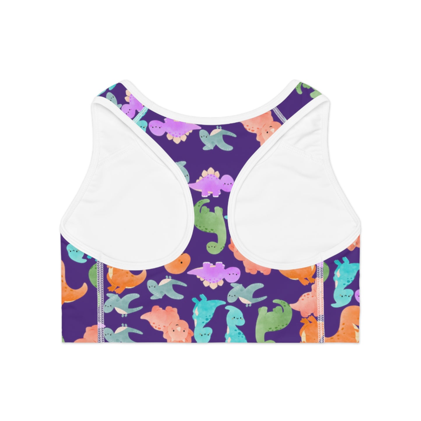 Colorful Dinosaur Print Sports Bra Cute Activewear Gym Top Fitness Wear Gifts for Her Workout Clothing Rainbow Dinos Purple