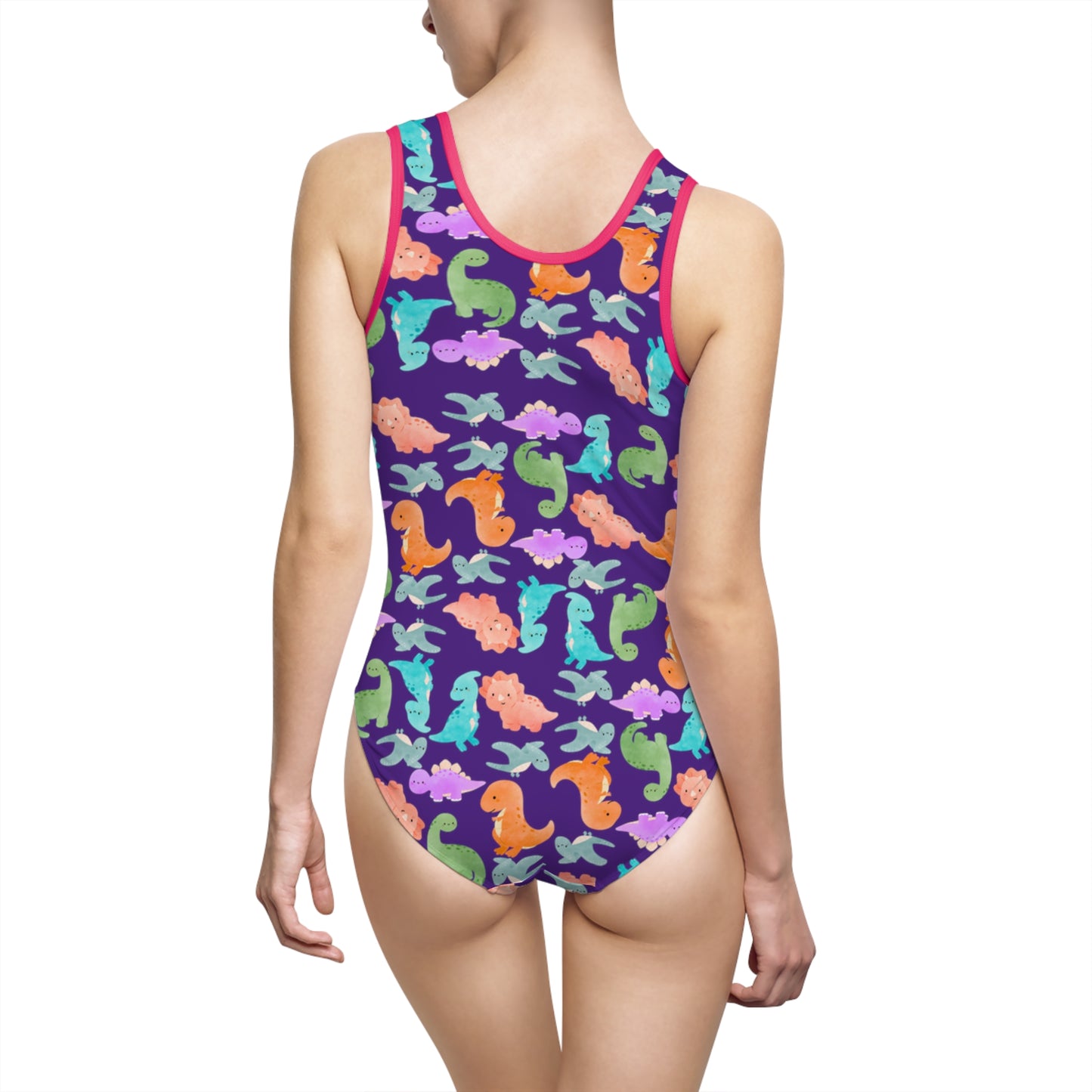 Vibrant Womens OnePiece Swimsuit Fun Summer Swimwear Beach Day Essential Pool Party Outfit Retro Style Swim Suit Rainbow Dinos Purple
