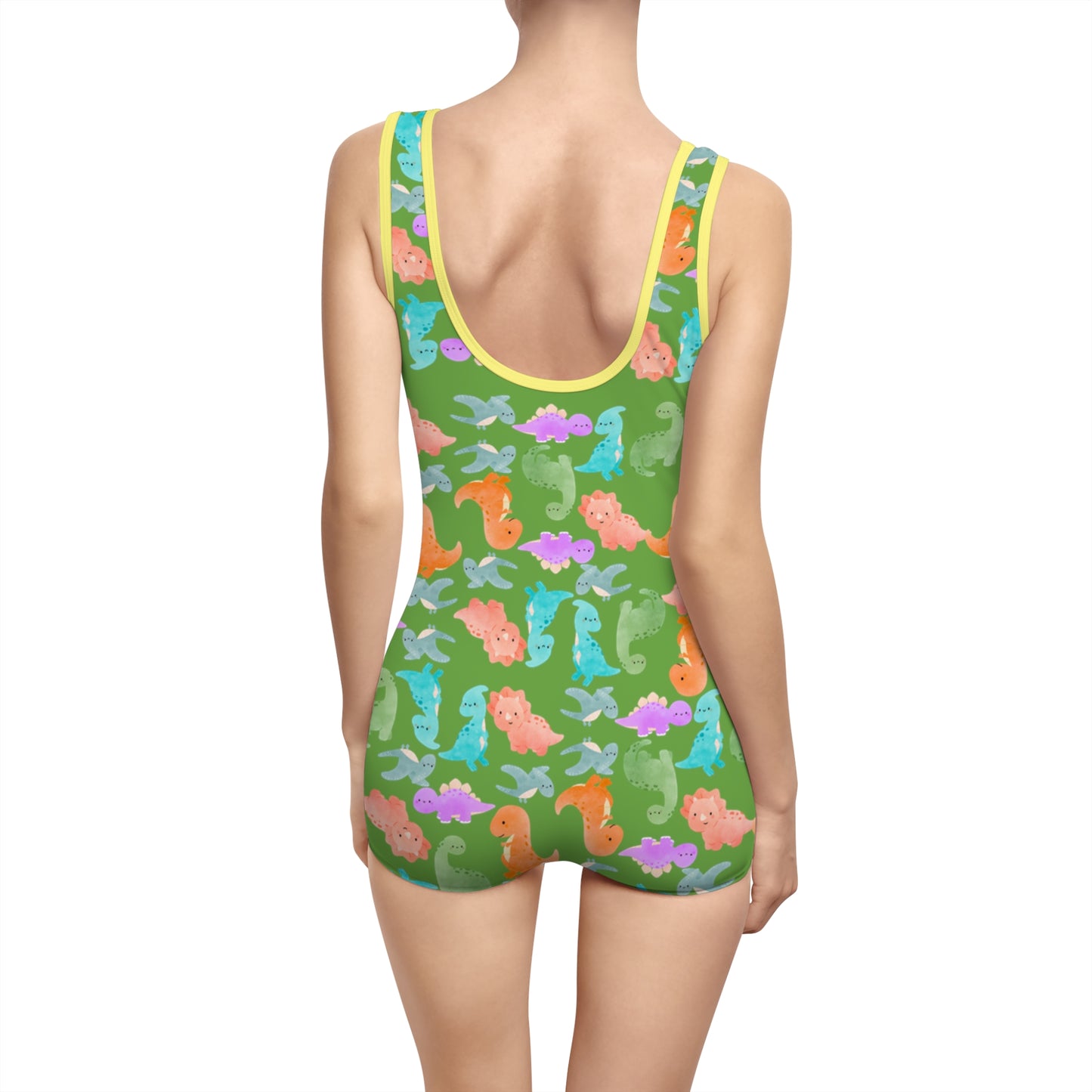 Vintage Dino Print Womens Swimsuit Retro Bathing Suit Summer Beachwear Pool Party Outfit Unique Swimwear Gift Rainbow Dinos Green
