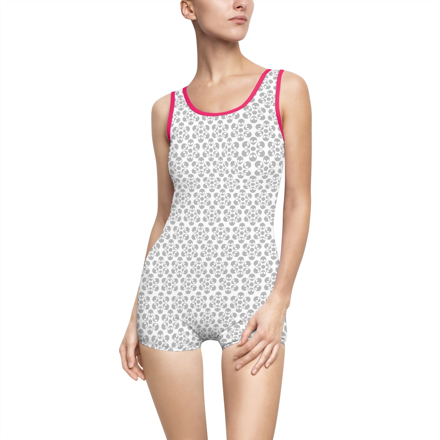 Womens Vintage Swimsuit Alien Flowers White