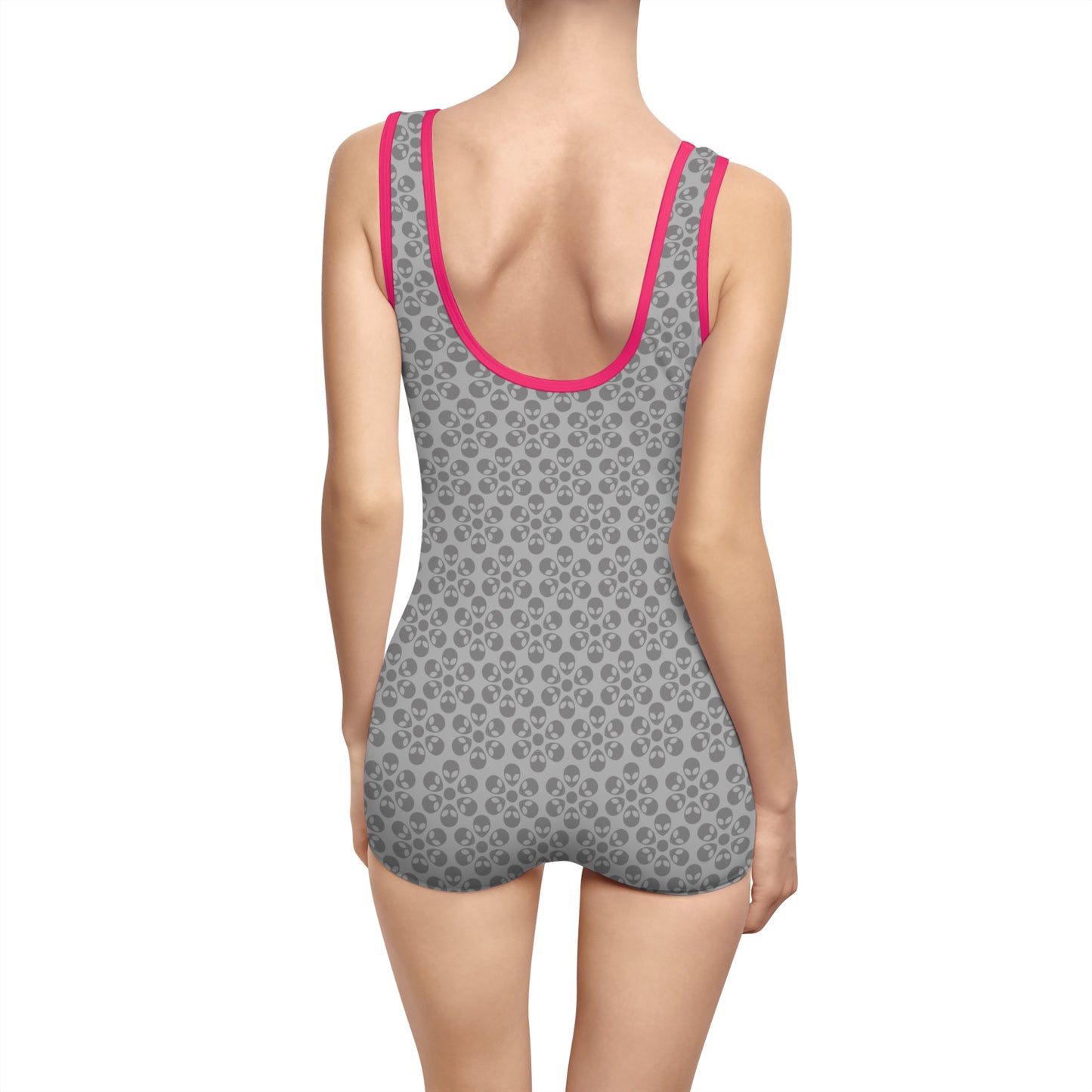 Womens Vintage Swimsuit Alien Flowers Light Grey