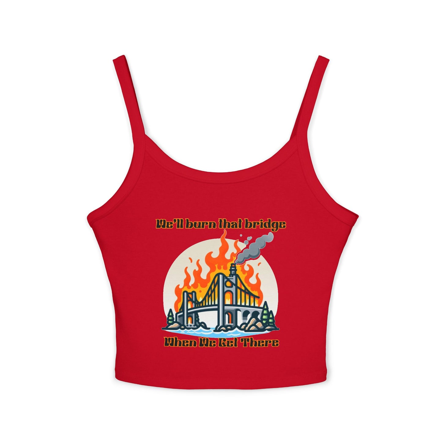 Fire Bridge Graphic Spaghetti Strap Tank Top - Casual Summer Apparel for Fun Days Out