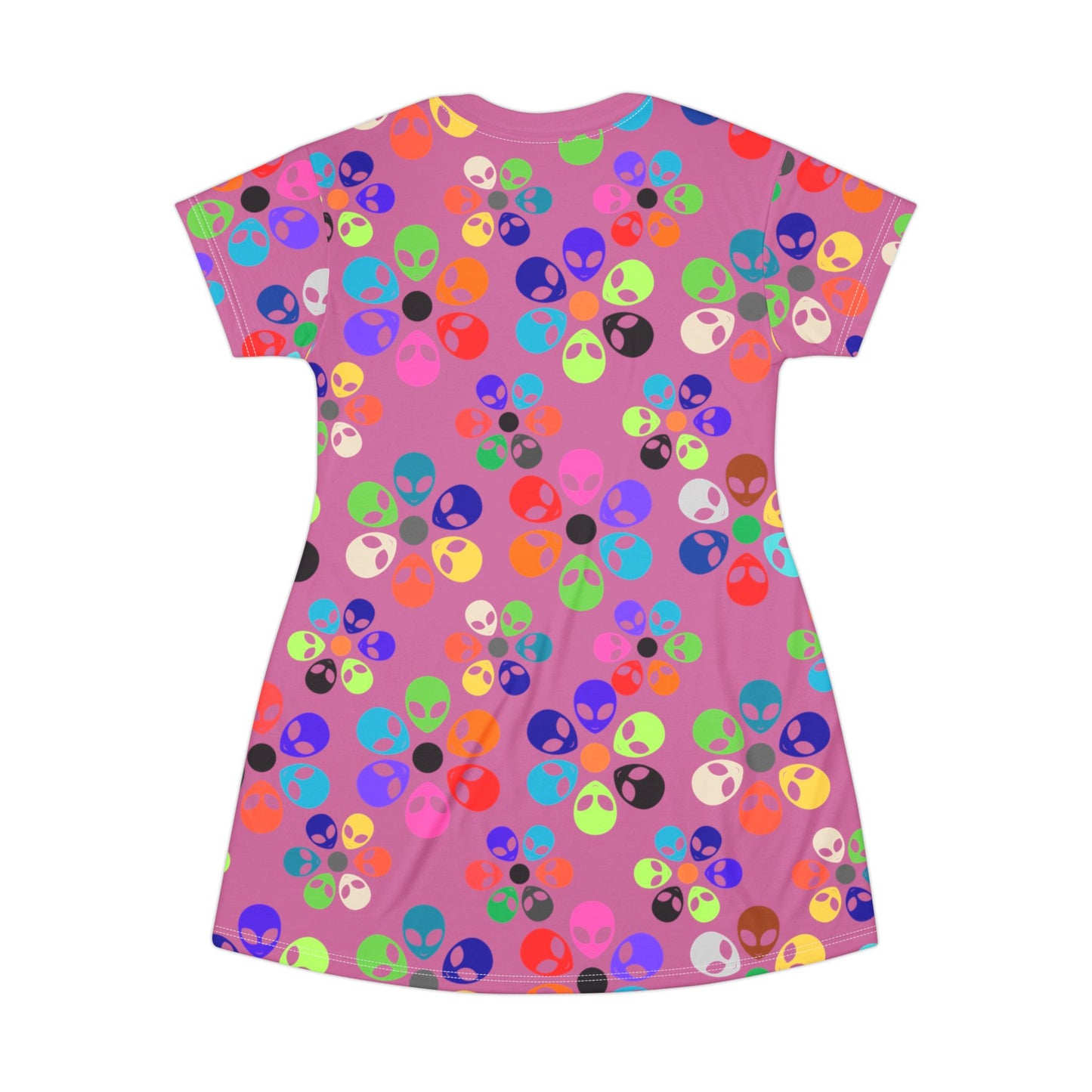 Colorful Alien TShirt Dress | Fun Casual Wear Summer Dress Festival Outfit Gift for UFO Lovers Unique Print Alien Rainbow Flowers Light Pink