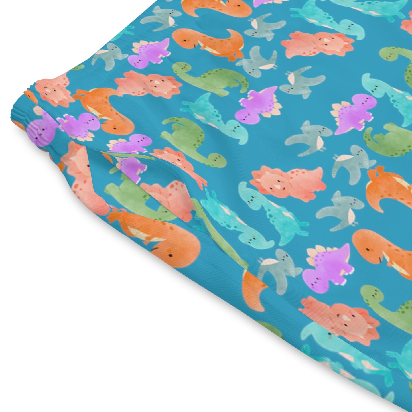 Colorful Dino Beach Shorts for Men Summertime Swimwear Vacation Essentials Pool Party Attire Trendy Summer Apparel Rainbow Dinos Turquoise
