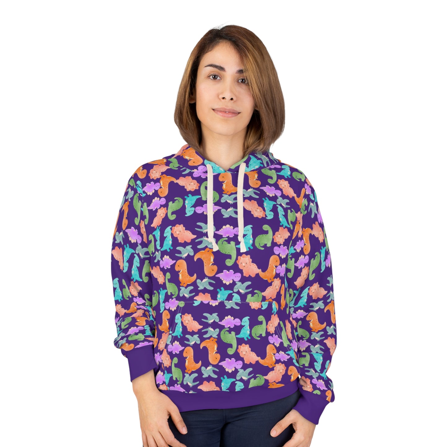 Colorful Dino Unisex Pullover Hoodie Cozy Beach Vibe Sweatshirt Gift for Ocean Lovers Fun Casual Wear Homewear Rainbow Dinos Purple