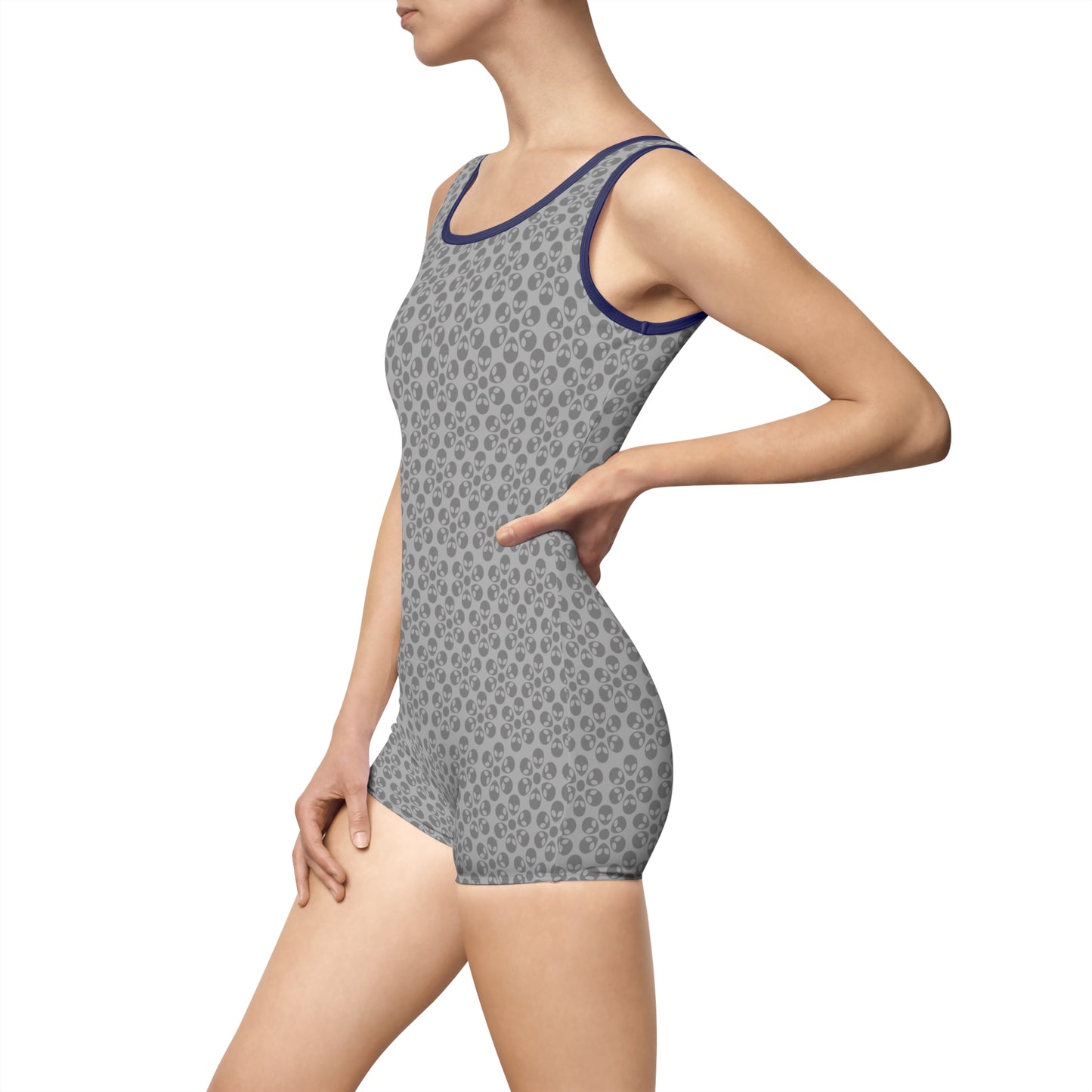 Womens Vintage Swimsuit Alien Flowers Light Grey