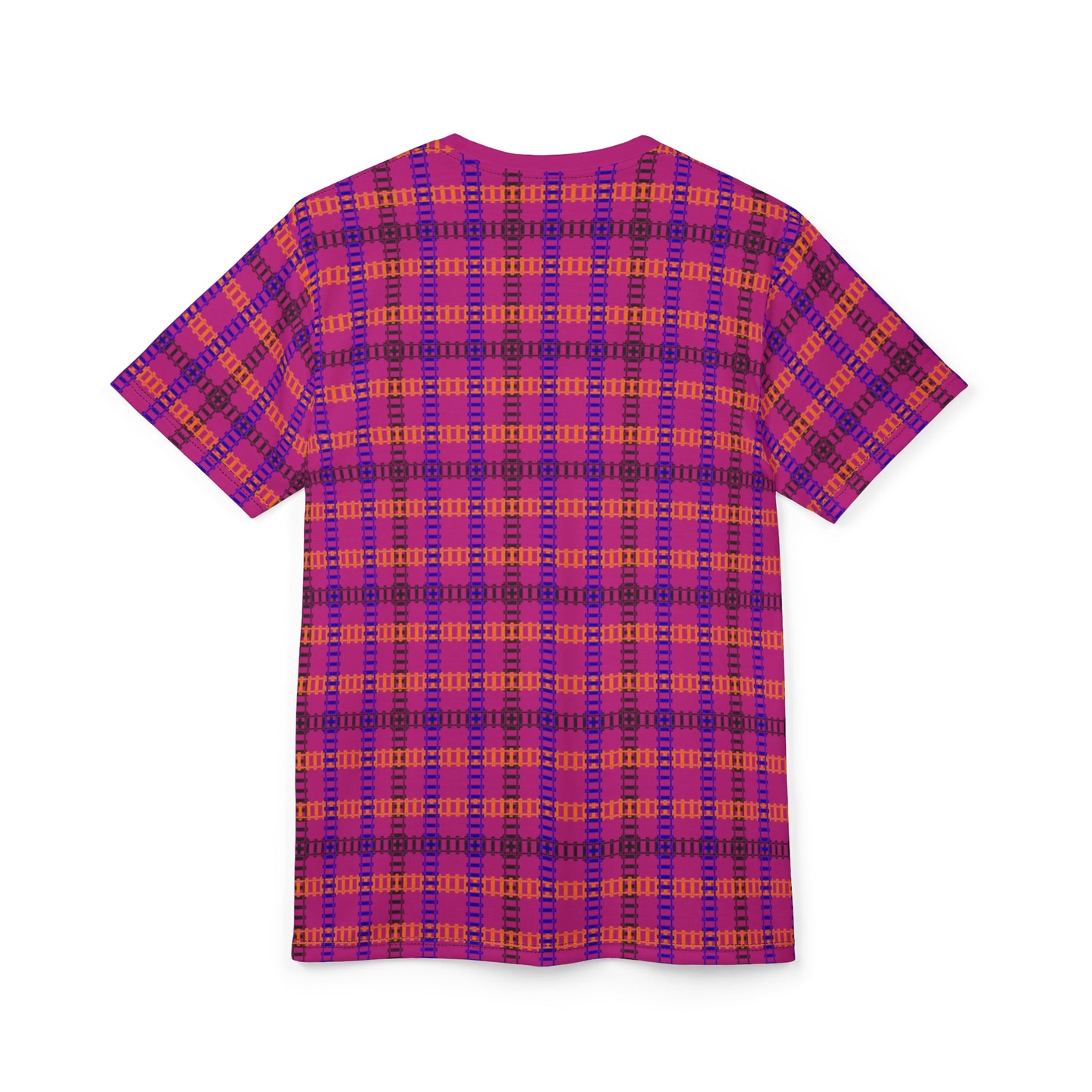 Stylish Plaid Unisex Tee for Everyday Wear Casual Graphics Tee Unique Patterned TShirt Trendy Streetwear Top Perfect Gift for Friends Train Tracks Pink
