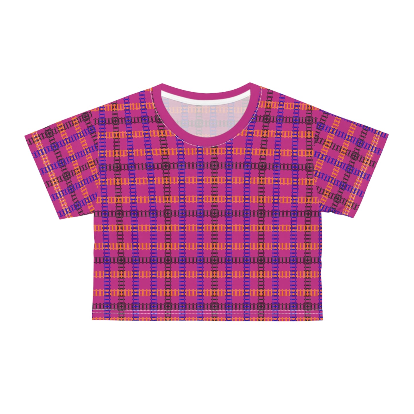 Trendy Patterned Crop Tee Casual Summer Top Gift for Her Festival Wear Stylish Weekend Outfits Train Tracks Pink