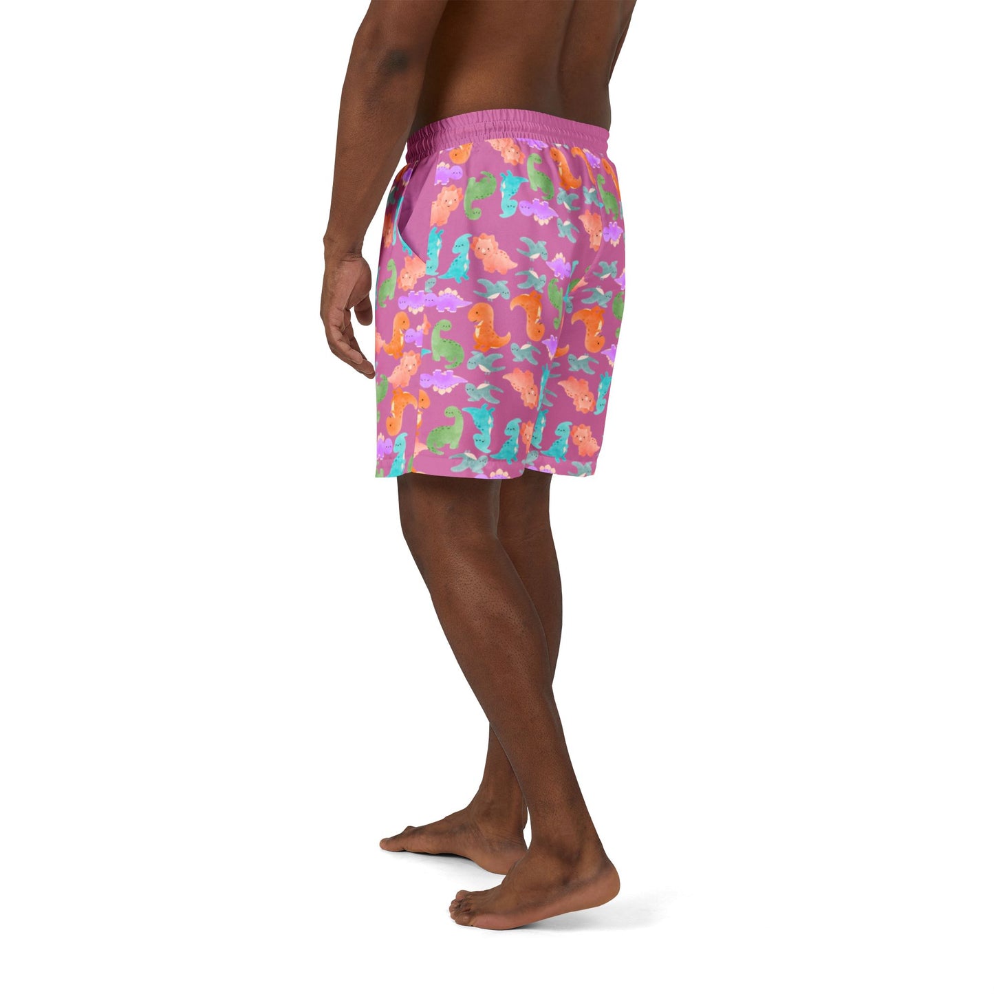 Vibrant Dino Unisex Swim Shorts Beachwear Summer Swimwear Vacation Essentials Pool Party Mens Swim Trunks Unique Design Rainbow Dinos Light Pink