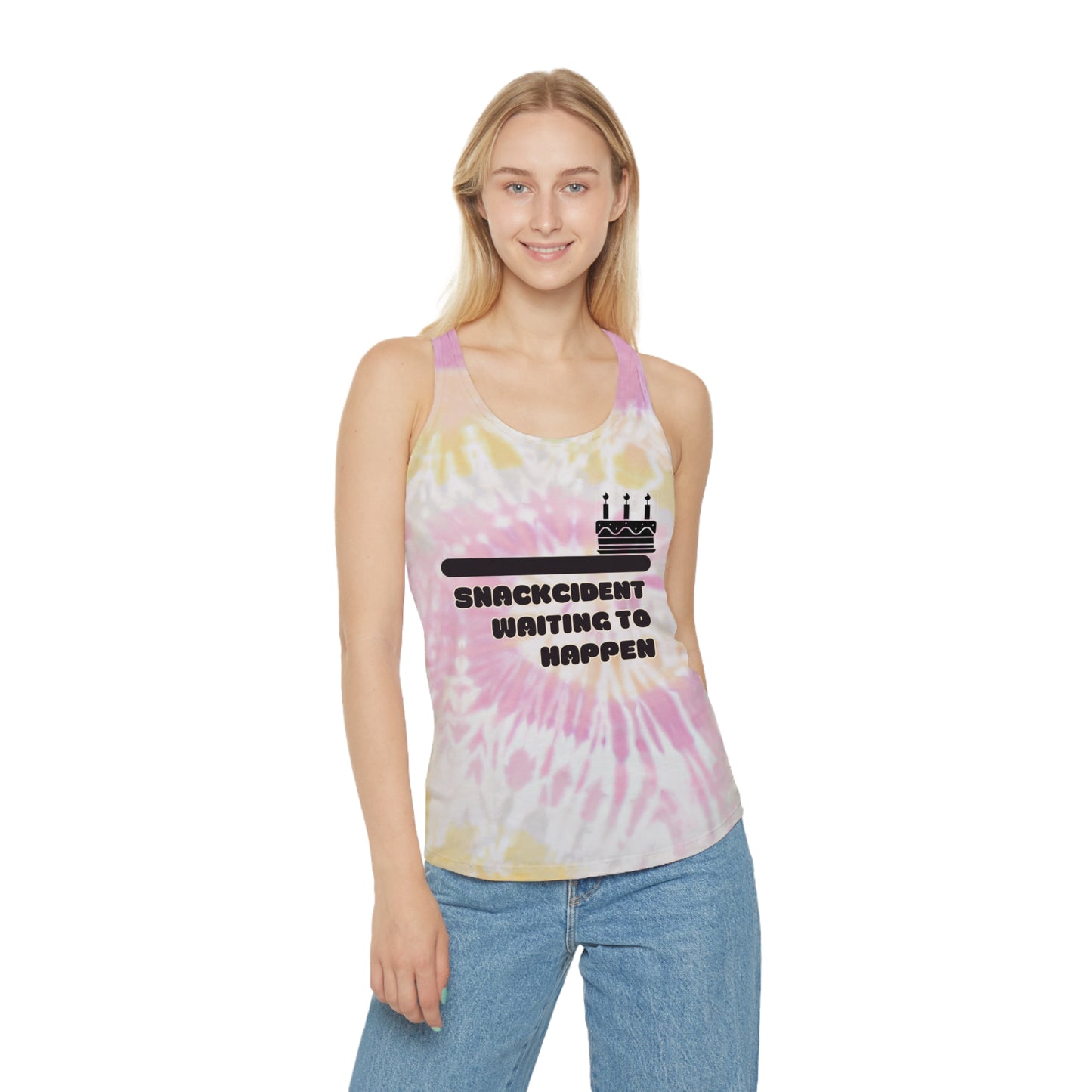 Snacking Bliss Tie Dye Racerback Tank Top, Fun Workout Gear, Beachwear, Gift for Food Lovers, Summer Festival Top