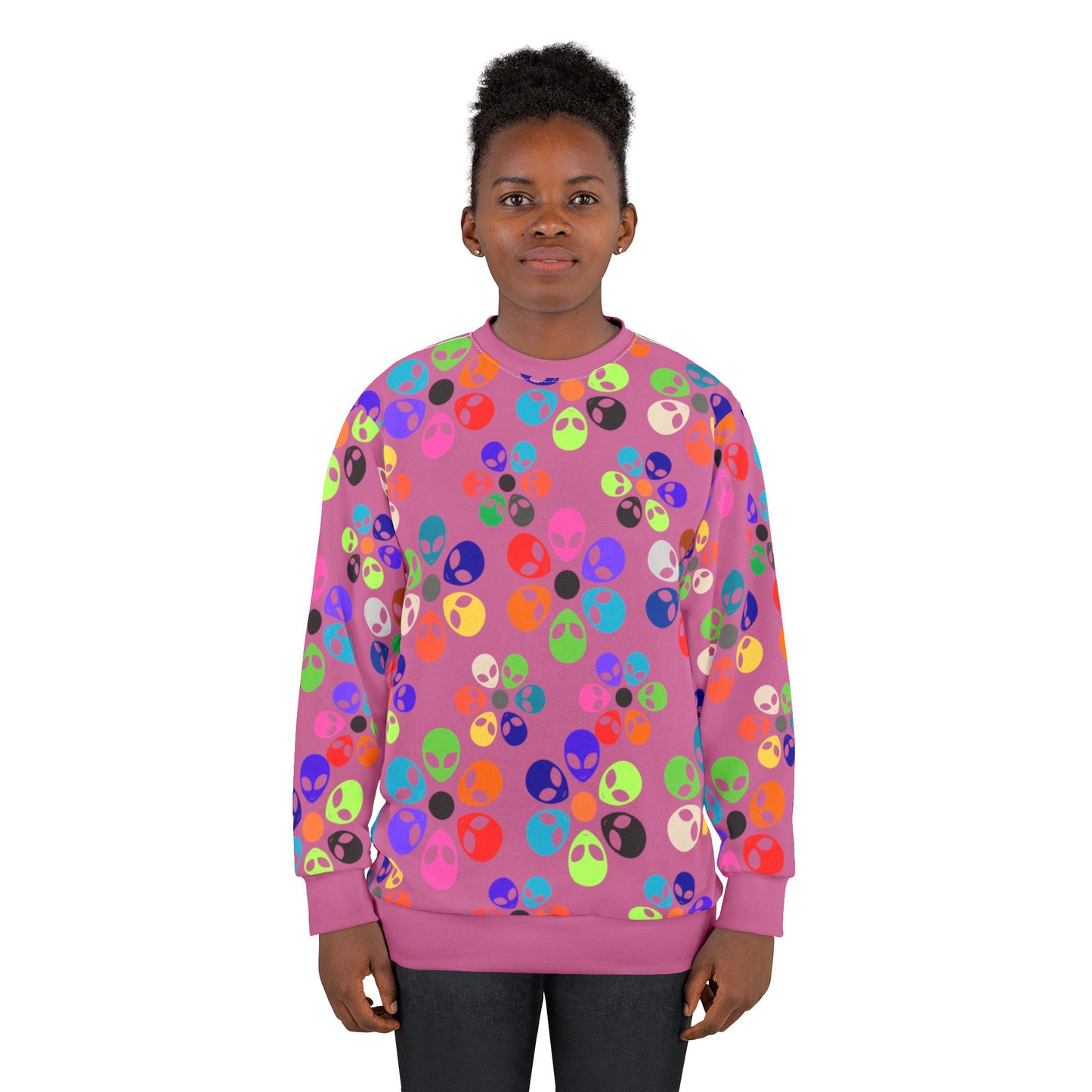 Colorful Alien Graphic Unisex Sweatshirt Fun and Quirky Sweater for Casual Wear Gift for SciFi Lovers Unisex Fashion Trendy Streetwear Alien Rainbow Flowers Light Pink