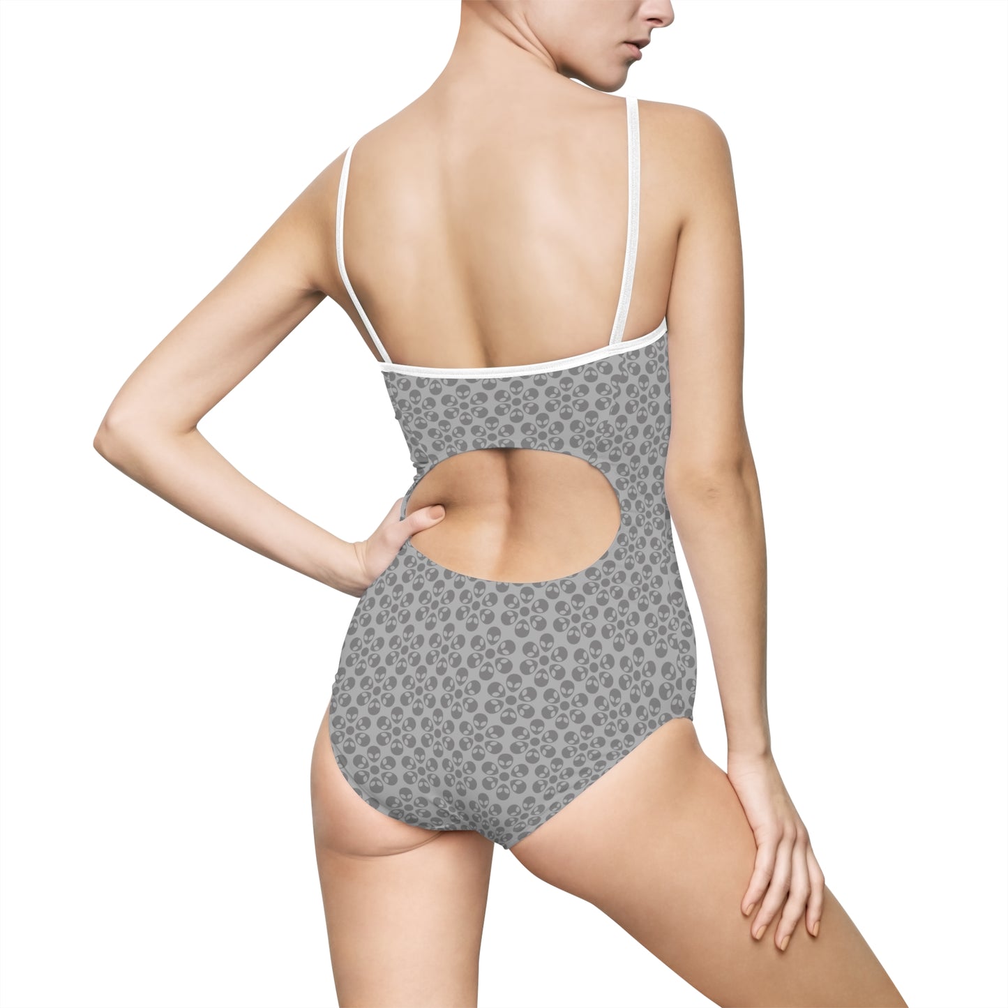 Womens Onepiece Swimsuit Alien Flowers Light Grey