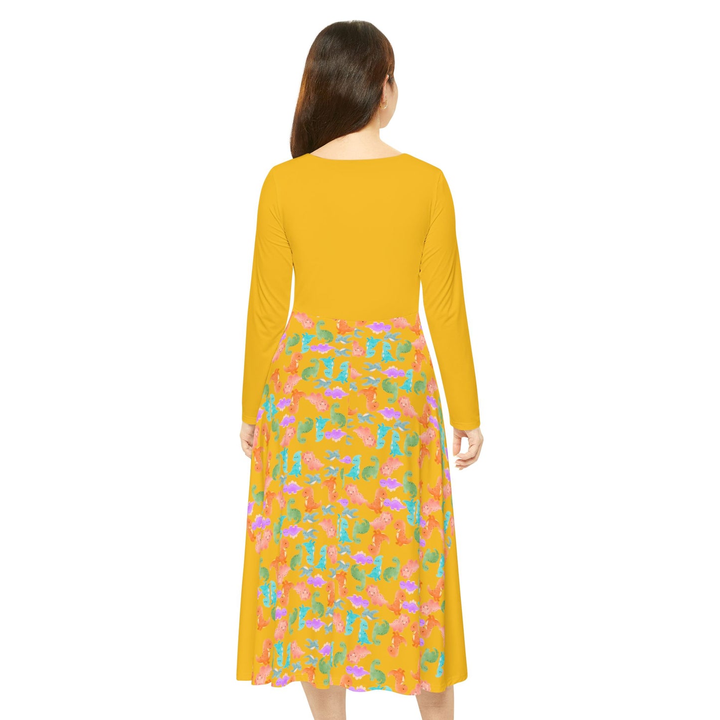 Colorful Long Sleeve Dance Dress Perfect for Parties Dance Events Spring Celebrations Playful Kids Dress Trendy Casual Wear Rainbow Dinos Yellow