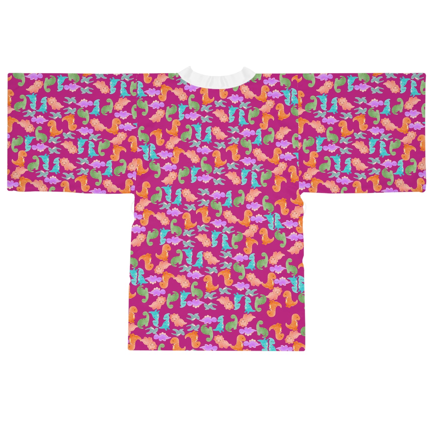 Vibrant Dino Print Long Sleeve Kimono Robe for Relaxation Loungewear Gift Summer Nights Cozy Style Rainbow Dinos Pink