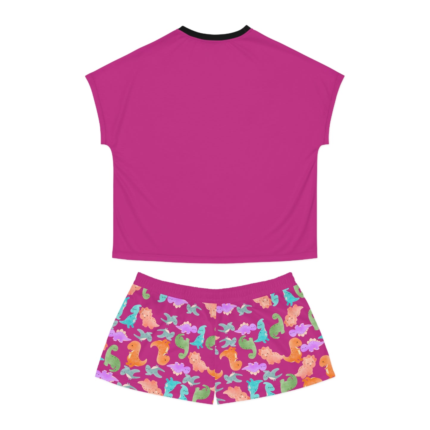 Womens Dinosaur Print Pajama Set Cozy Sleepwear Perfect for Relaxation Gift for Her Cute Loungewear Summer Nights Dinosaur Lovers Rainbow Dinos Pink