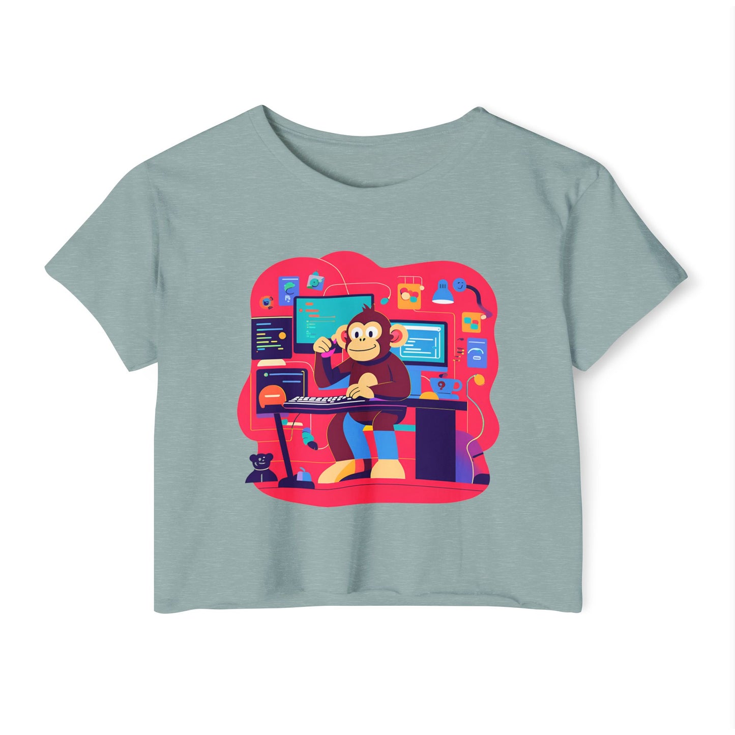 Colorful DJ Monkey Festival Crop Top, Music Festival Shirt, Summer Party Top, Gift for Festival Lovers, Playful Unique T-Shirt