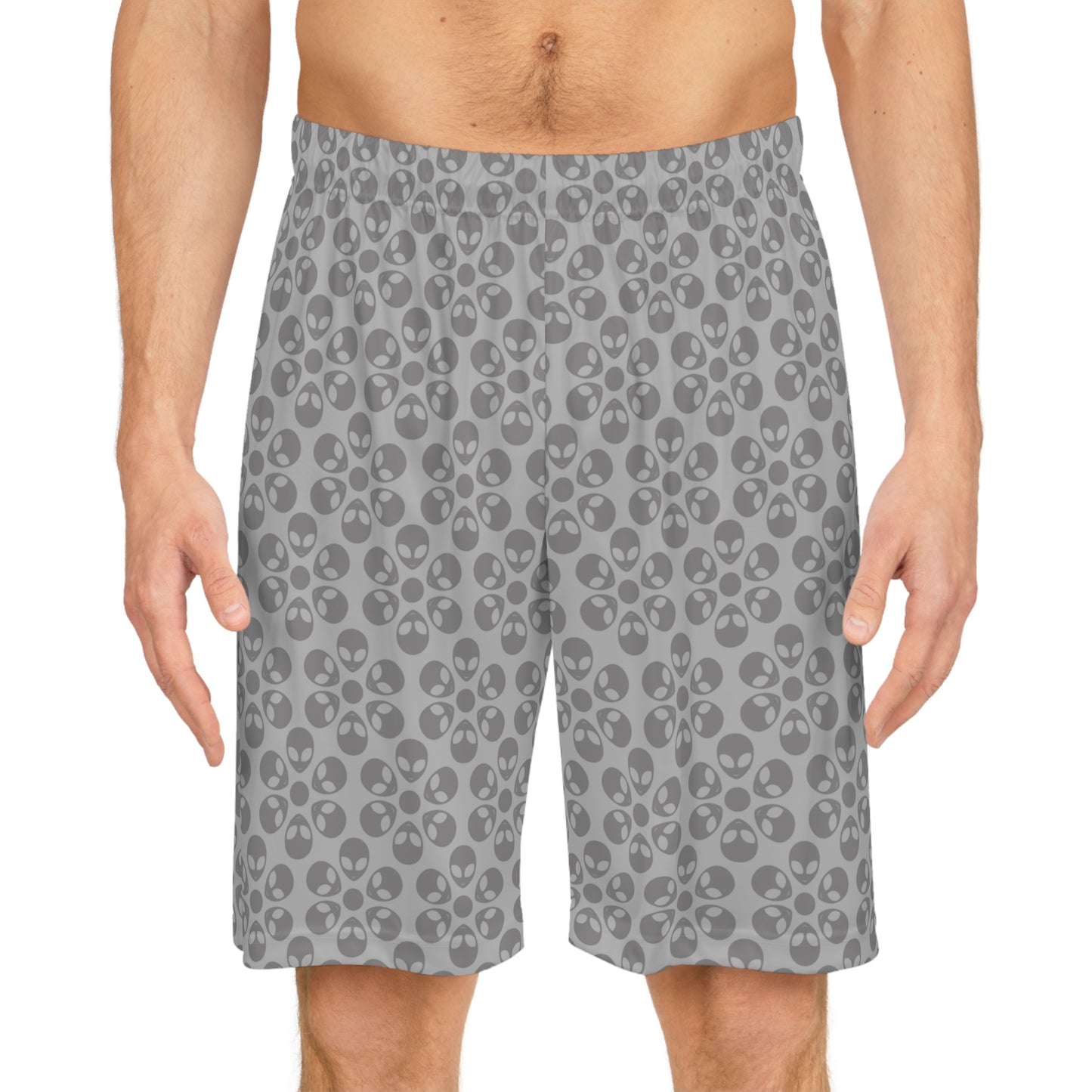 Trendy Skull Pattern Basketball Shorts Summer Activewear Sports Apparel Casual Wear Beach Shorts Gift for Basketball Lovers Alien Flowers Light Grey