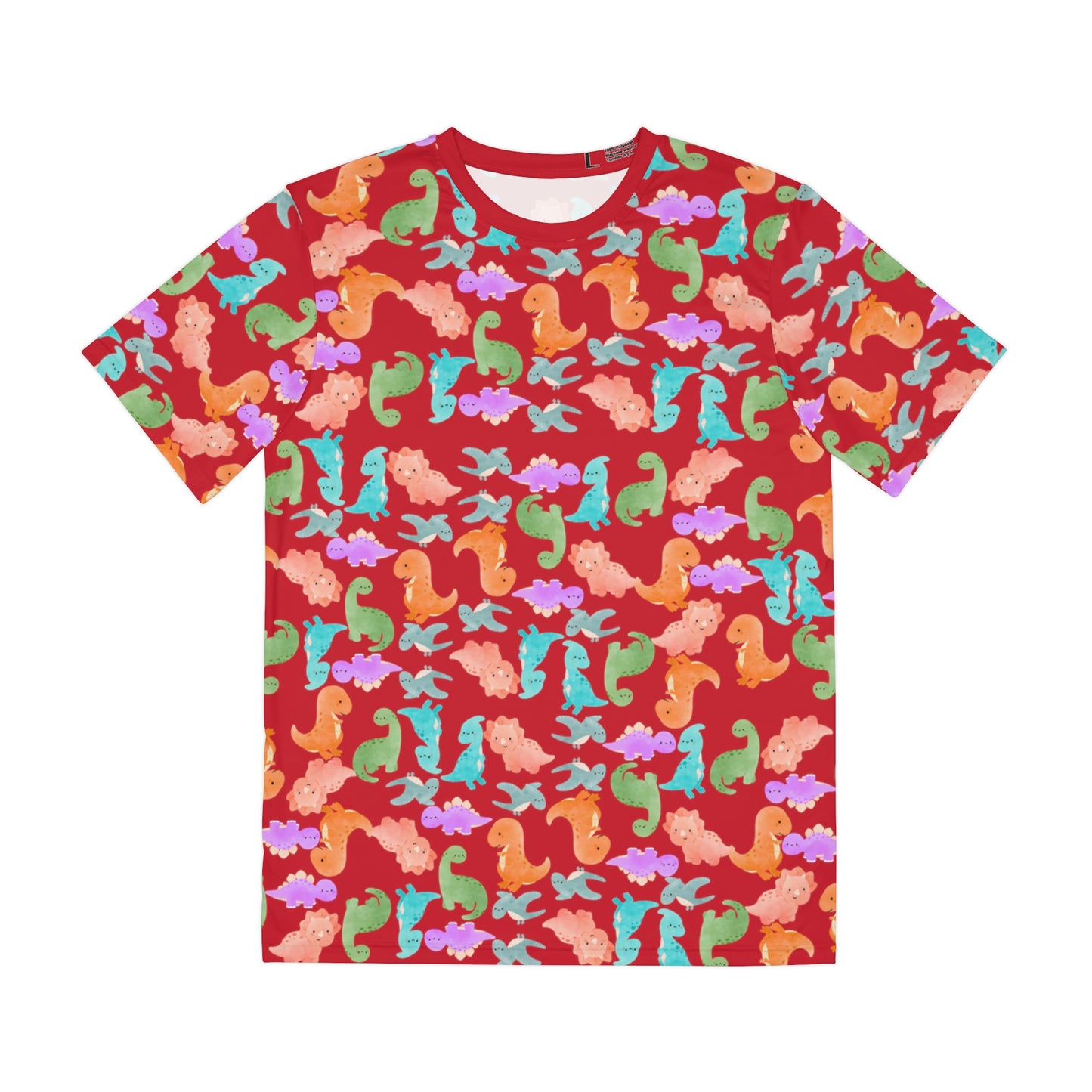 Colorful Dino Tee Fun Playful Shirt for Ocean Lovers Casual Wear Summer Outfits Beach Activities Gifts for Him Rainbow Dinos Dark Red
