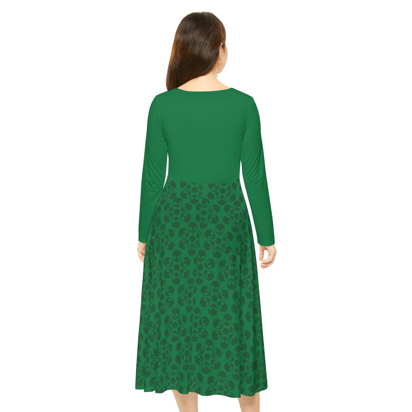 Womens Long Sleeve Dance Dress Alien Flowers Dark Green