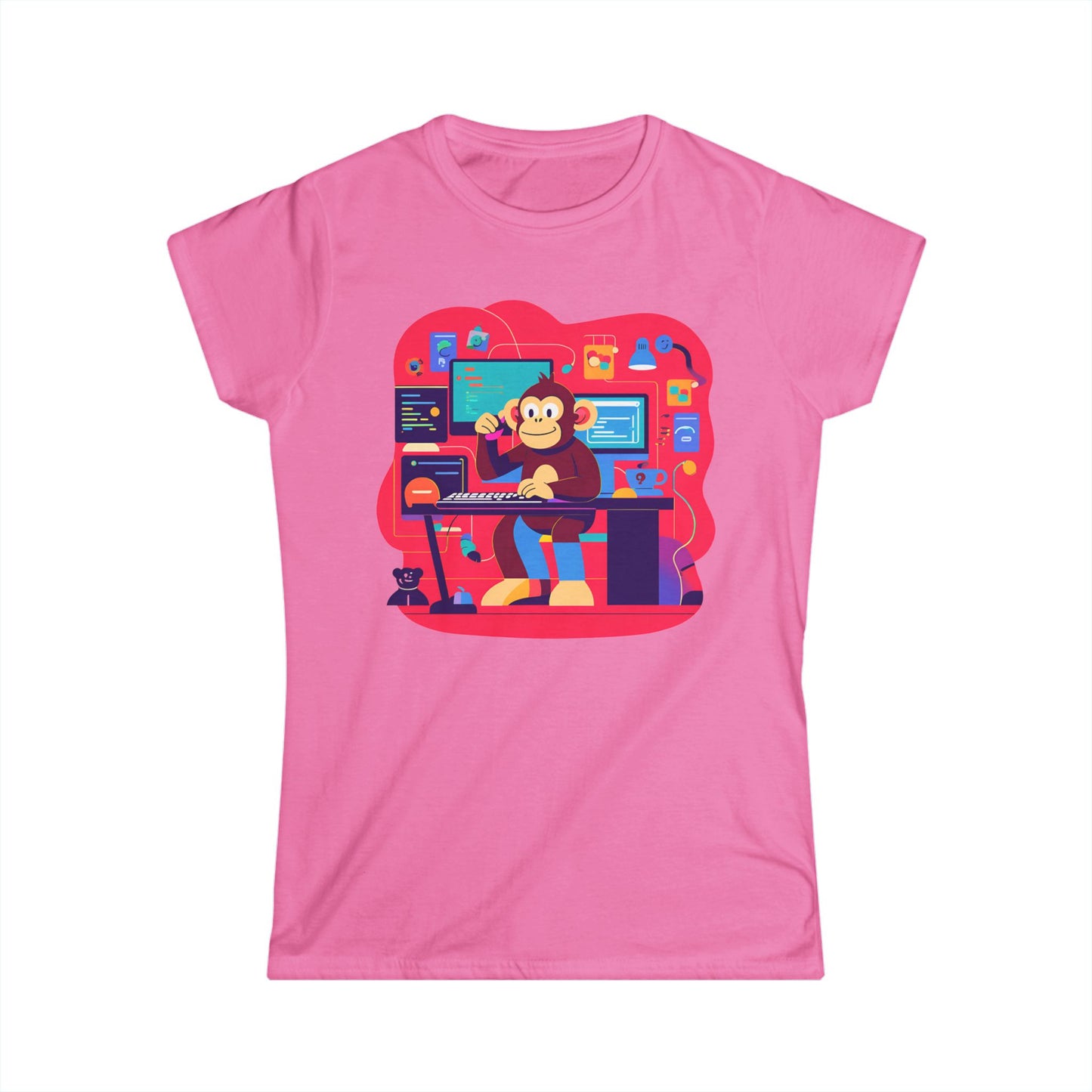 Cute Gamer Monkey Tee, Women's Gaming Shirt, Fun Softstyle Tee, Anime Style T-Shirt, Gift for Gamers, Cute Animal Apparel