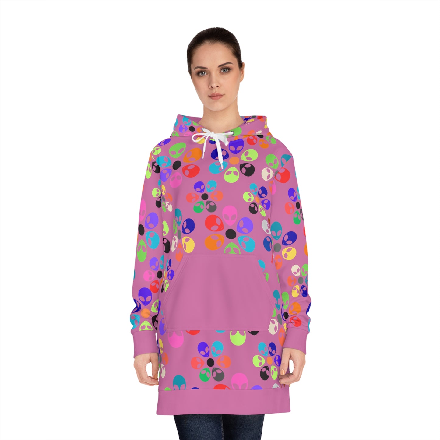 Colorful Alien Floral Womens Hoodie Dress Trendy Casualwear Halloween Fashion Unique Gift for Her Fun Everyday Style Alien Rainbow Flowers Light Pink