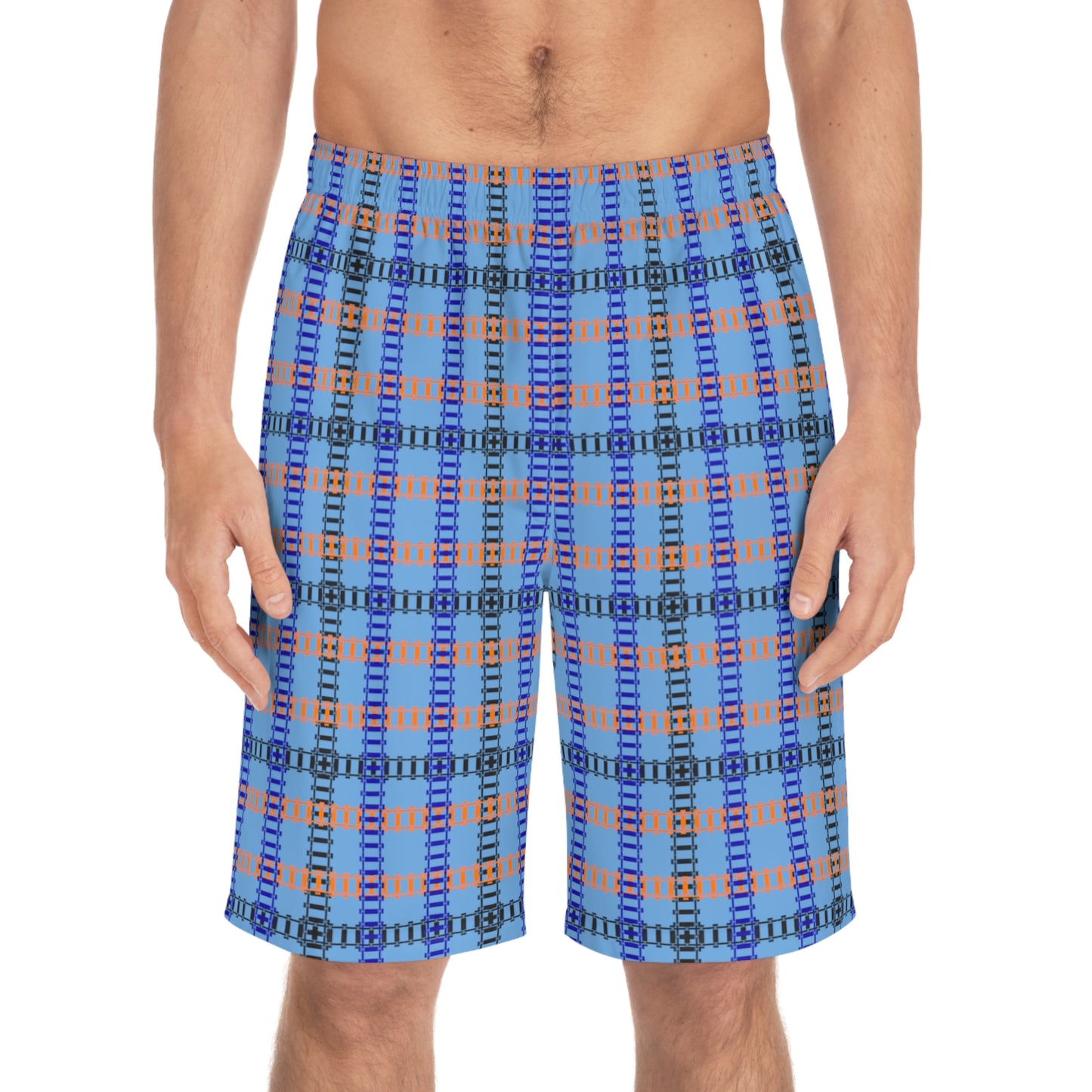 Vibrant Mens Board Shorts Perfect for Summer Beach Days and Pool Parties | Stylish Swimwear Train Tracks Light Blue