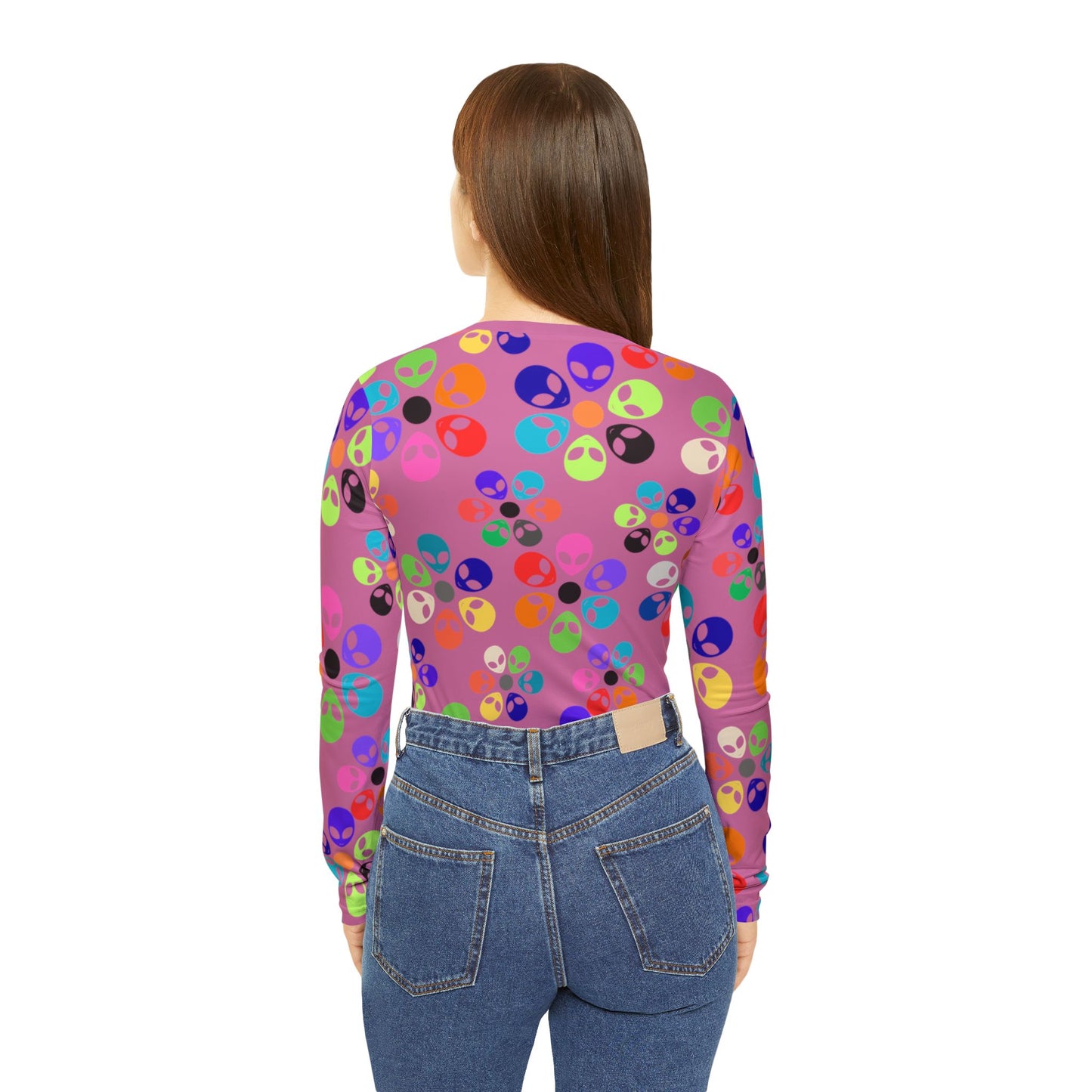 Colorful Alien Print Womens Long Sleeve VNeck Shirt Fun VNeck Tee Boho Style Top Unique Gift for SciFi Lovers Casual Everyday Wear Alien Rainbow Flowers Light Pink