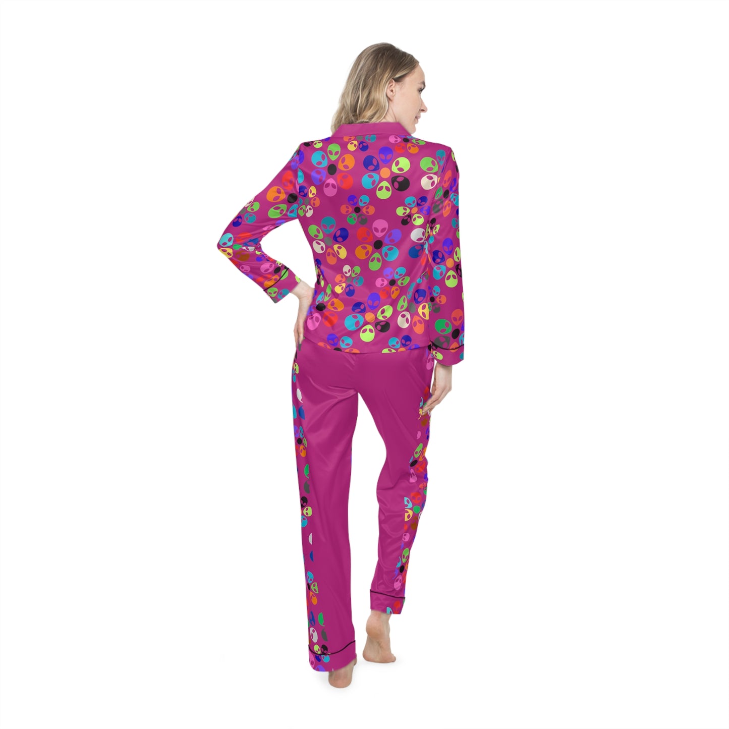 Colorful Womens Satin Pajamas Comfortable Sleepwear Set Cozy PJs for Women Vibrant Loungewear Cute Gift for Her Alien Rainbow Flowers Pink